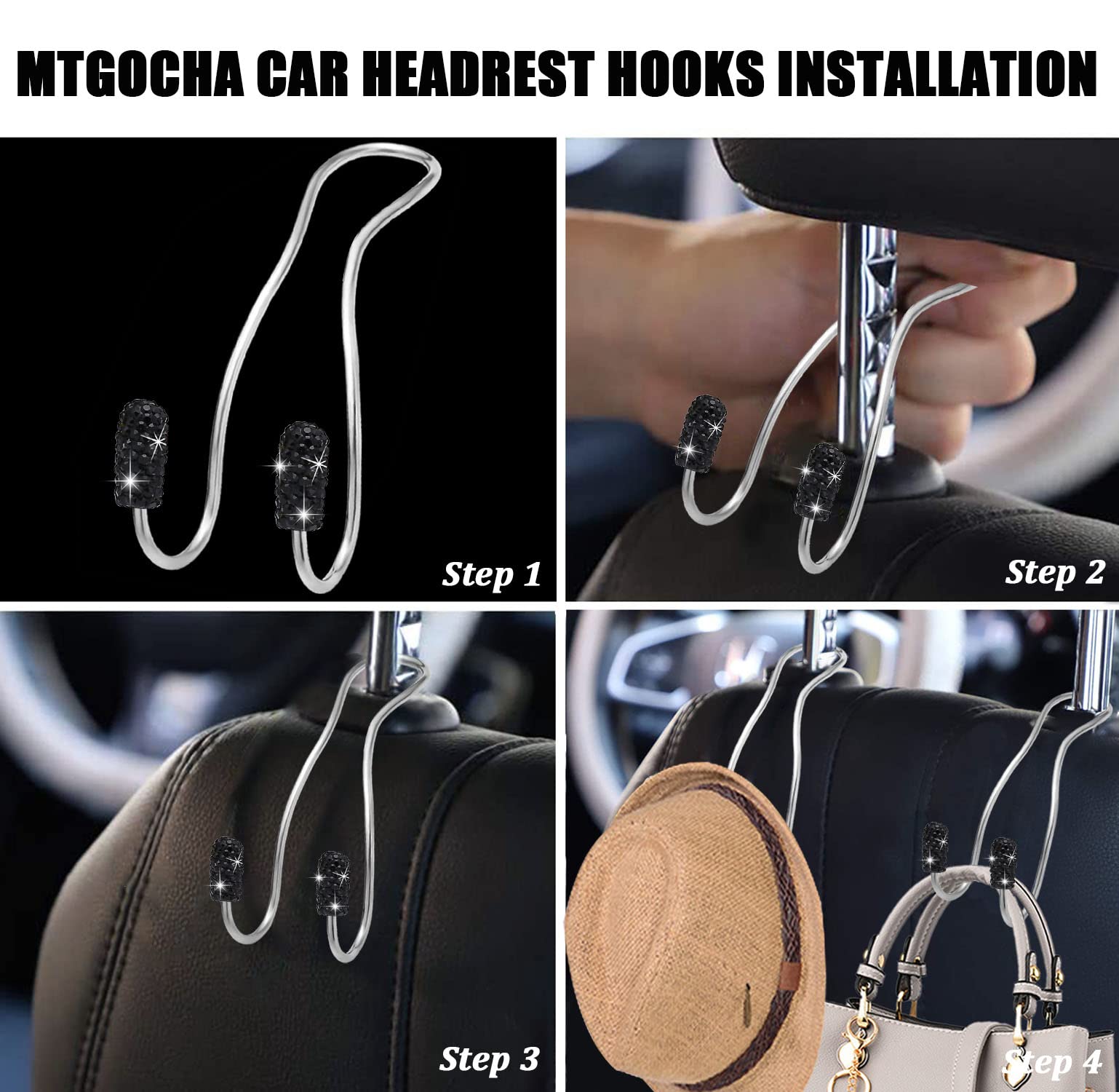 MTGOCHA Universal Car Headrest Hooks - 2 Pack Black Bling Purse Hangers for Women, Durable Metal Seat Hook for Handbags, Totes & Shopping Bags | Perfect Car Accessories for Groceries, Takeout & Daily Essentials
