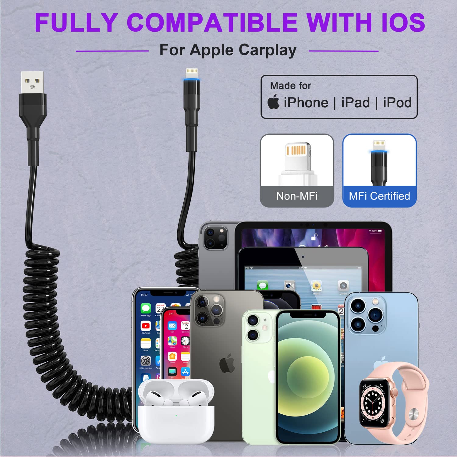 MFi Certified Coiled Lightning Cable - Apple CarPlay Compatible Retractable iPhone/iPad/iPod Charger with Fast Data Sync & LED Light - Short Car Charger Cord for Road Trips & Daily Commutes