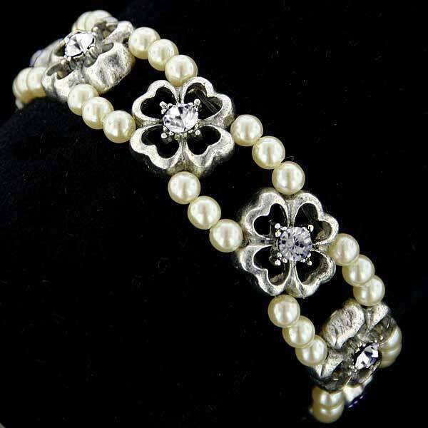 1928 Jewelry Four Leaf Clover Crystal White Faux Pearl Stretch Bracelet for Women - Elegant Lucky Charm Gift for Birthday, Anniversary & Everyday Wear