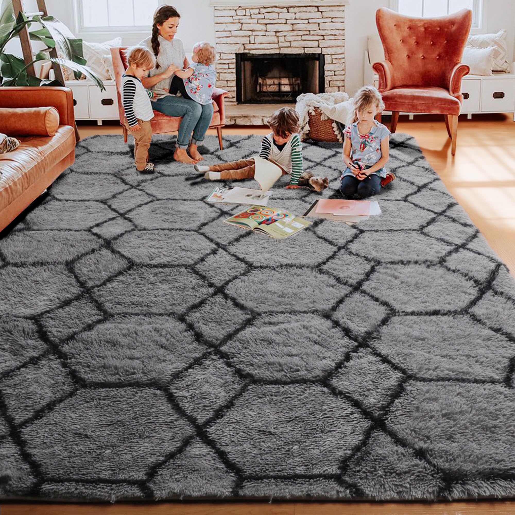 ONASAR 8x10 Fluffy Shaggy Area Rug - Soft Plush Geometric Boho Carpet for Living Room, Bedroom, Nursery, Kids Room, Playroom & Dorm Decor - Machine Washable Grey and Black Fuzzy Floor Mat (Perfect for Cozy Home, Classroom & Office Spaces)