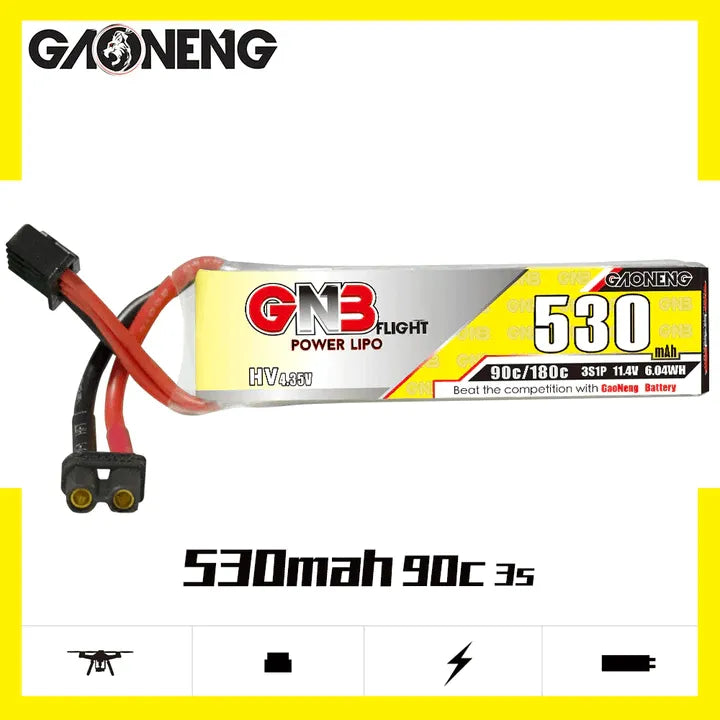 GNB/GAONENG 530mAh 3S 11.4V HV 90C LiPo Battery with XT30 Plug - High Performance RC Drone, Airplane & FPV Racing Battery
