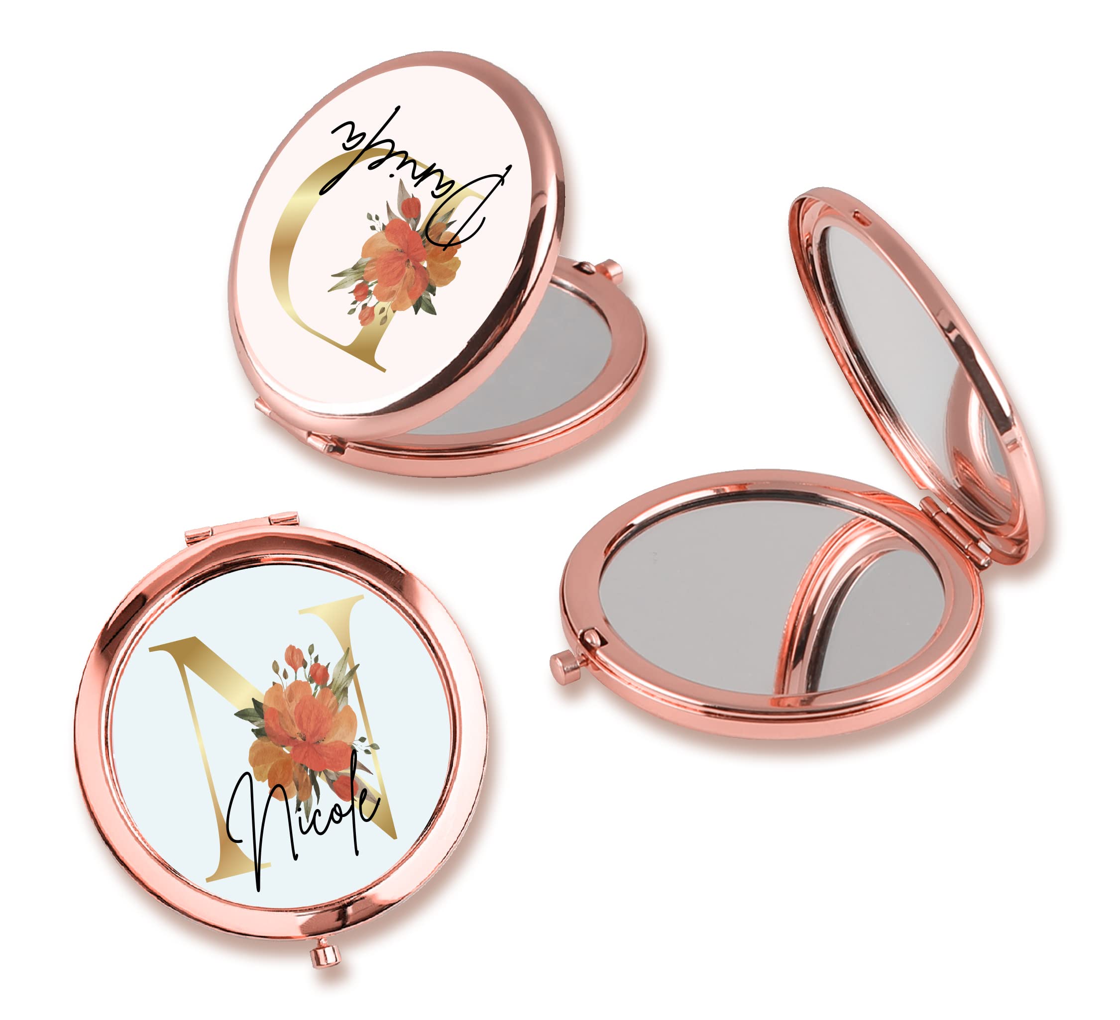 Personalized Floral Initial Compact Mirror - Rose Gold for Travel & Bridal Gifts
