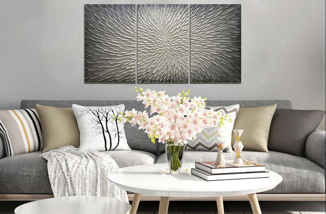 AMEI Art - Set of 3 Hand Painted Abstract Oil Paintings, 20x30 Inch Neutral Gray & White Textured Wall Art, Contemporary Wood Framed Canvas for Living Room, Bedroom & Office Decor