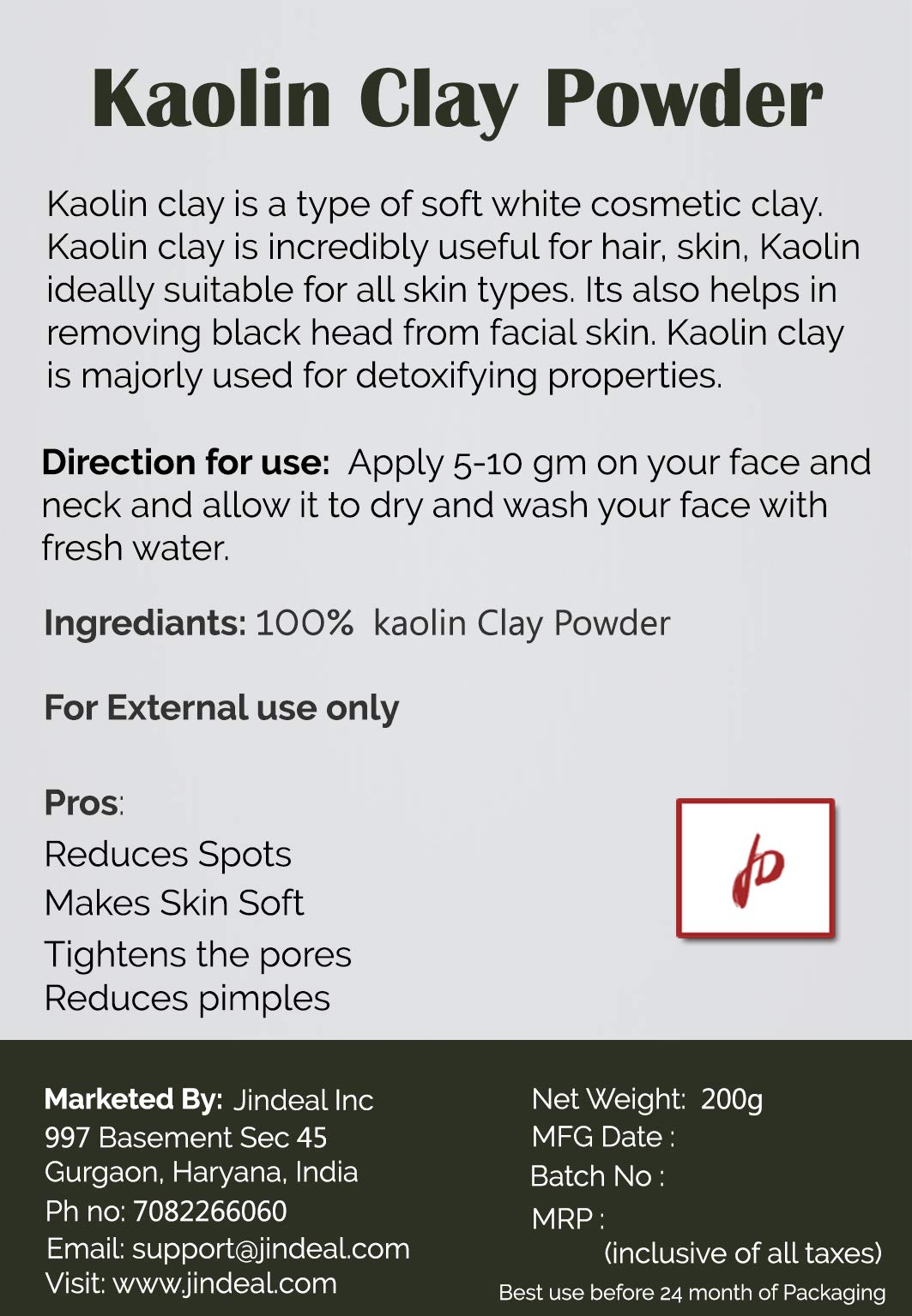 Pure Natural Kaolin Clay Powder for Acne Treatment, Blackhead Removal & Radiant Skin - 200g | DIY Face Mask, Body Scrub & Spa Quality Skincare