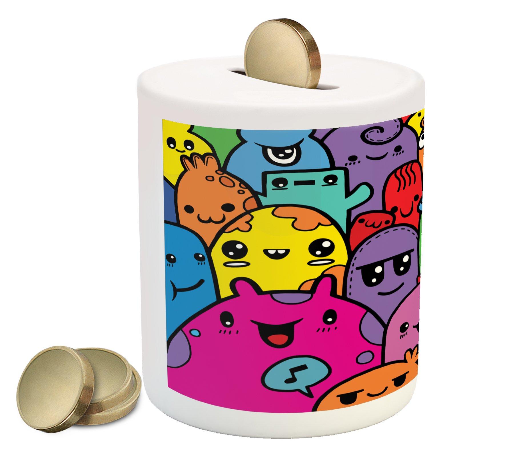 Ambesonne Indie Piggy Bank - Hand Drawn Colorful Doodle Funny Monster Buddies Ceramic Coin Bank for Cash Saving | Unique Money Box Gift for Kids & Teens | Perfect for Birthday, Christmas & Savings Goals