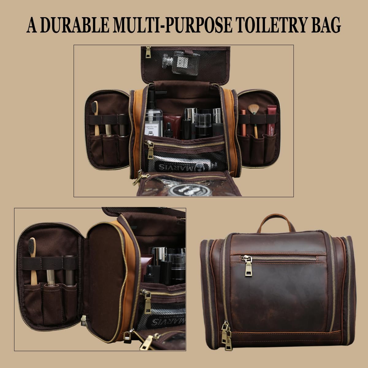 Premium Genuine Leather Hanging Toiletry Bag for Men & Women - Personalized Travel Shaving & Dopp Kit Organizer - Best Man Gift & Wedding Present (Coffee Brown) - Ideal for Business Trips, Camping & Vacation Essentials