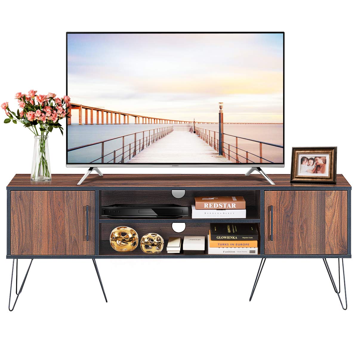 Tangkula 59 Inch Retro TV Stand with 6 Metal Legs - Modern Entertainment Center for 65 Inch TVs, Adjustable Shelf & 2 Cable Holes - Media Storage Cabinet for Living Room, Bedroom & Home Theater Setup
