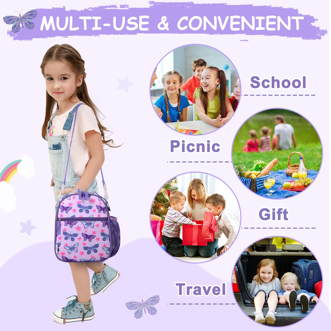 RAVUO Insulated Lunch Bag for Girls - Cute Butterfly Design with Adjustable Strap & Bottle Holder, Thermal Cooler Lunch Box for School, Work, Picnic, and Outdoor Activities