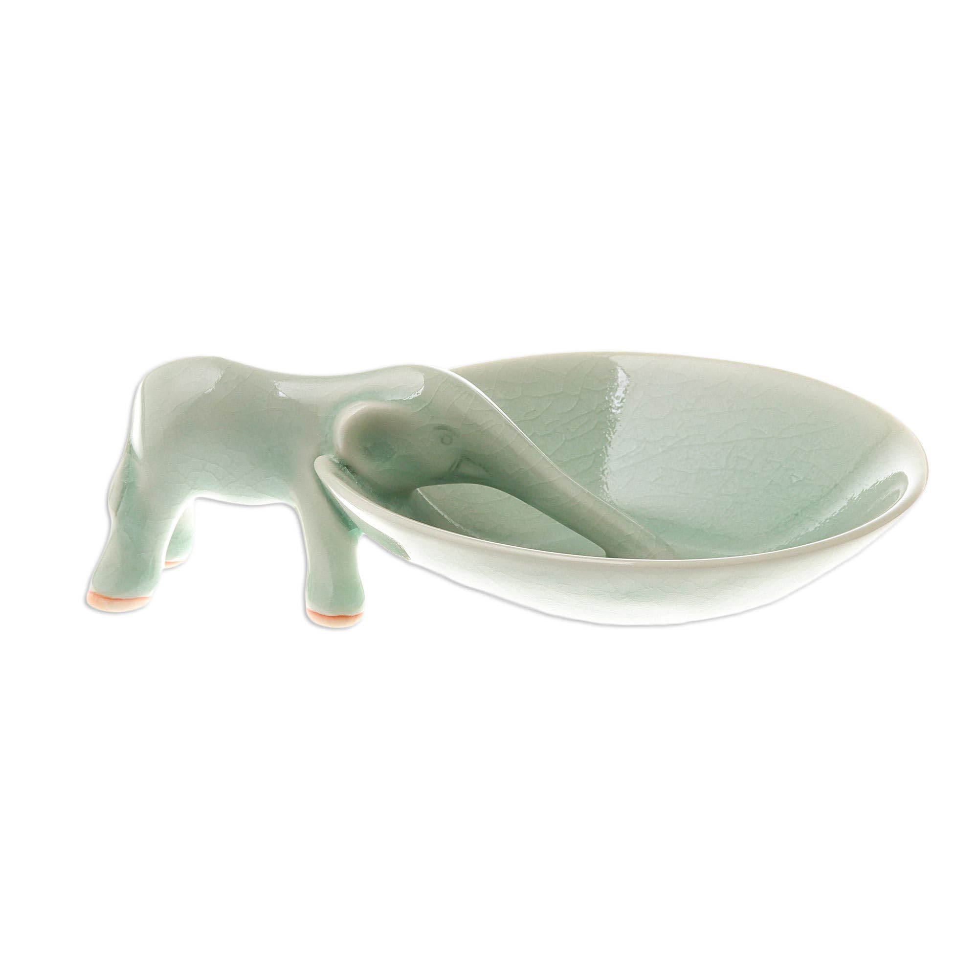 NOVICA Handmade Green Ceramic Elephant Incense Holder - 'Sipping Elephant' Statue for Home Decor, Yoga Meditation & Gift Giving