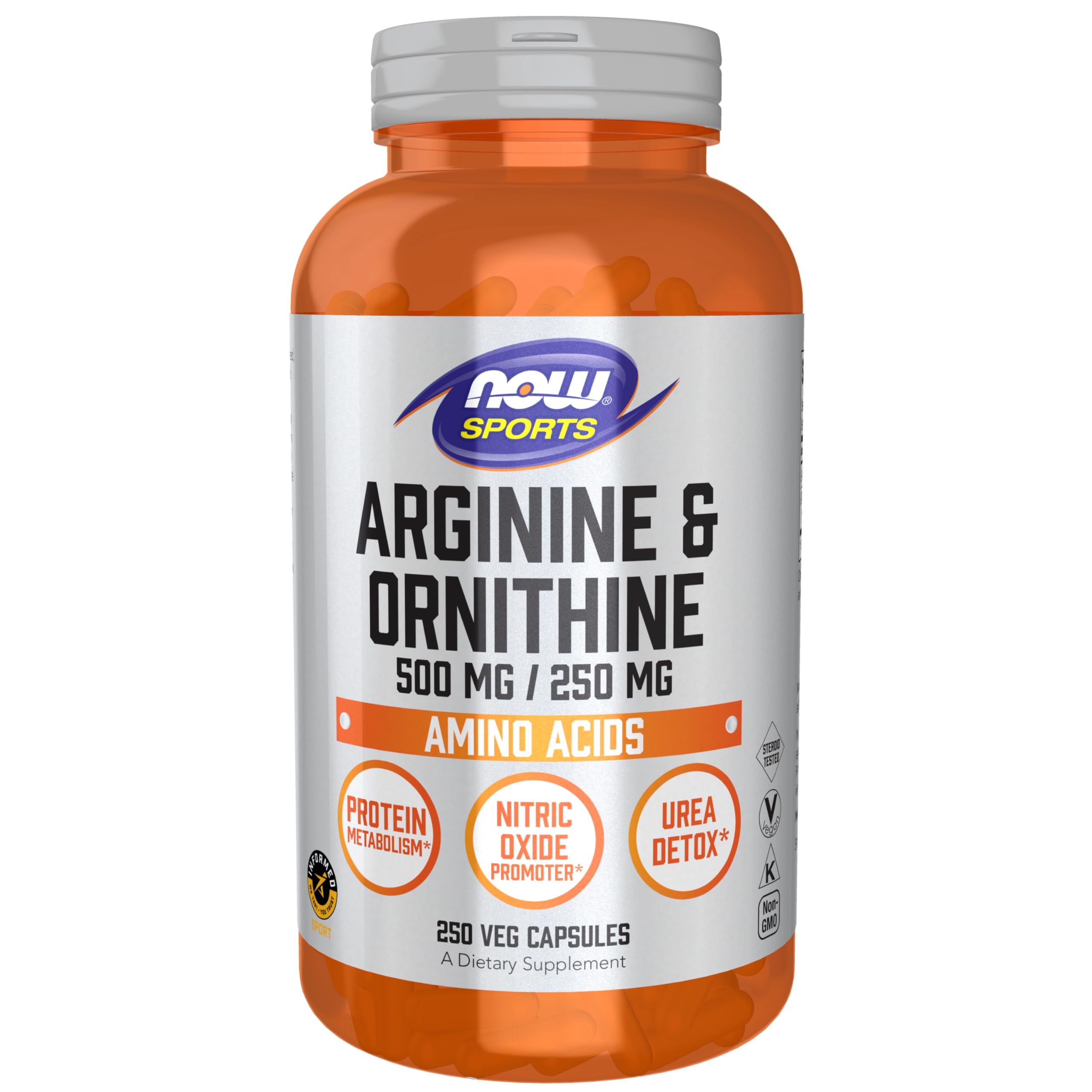 NOW Foods Sports Nutrition - Arginine & Ornithine 500/250 mg Amino Acid Supplement | 250 Vegetarian Capsules | Supports Muscle Recovery & Athletic Performance | Pre-Workout & Post-Workout Use