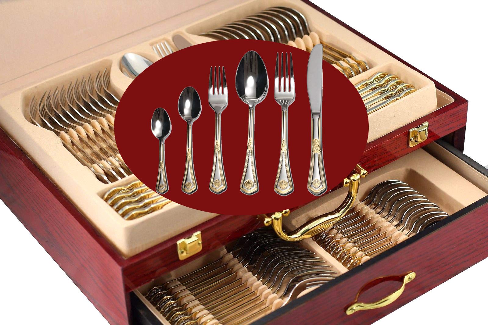 Venezia Collection 75-Piece 24K Gold Flatware Set for 12 - Premium 18/10 Surgical Stainless Steel Luxury Silverware Cutlery with Wooden Storage Case - Perfect for Fine Dining, Wedding Gifts & Hostess Entertaining (Miami)