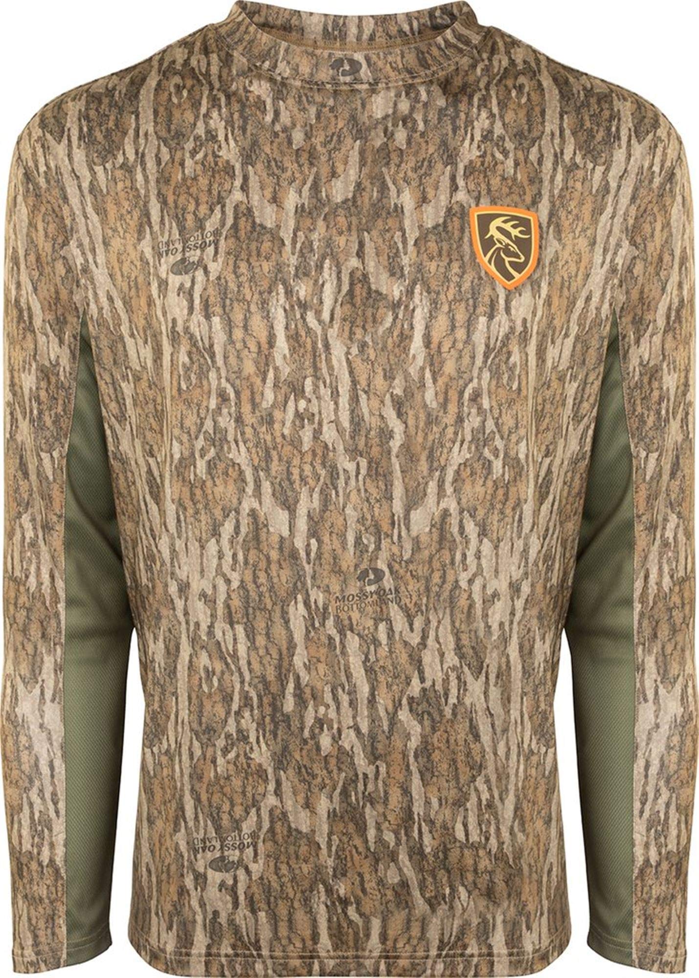 Drake Waterfowl Men's Long Sleeve Performance Crew Shirt with Agion Active XL - Moisture Wicking, Odor Control Hunting Shirt (Bottomland Camo, 2XL) - Ideal for Duck Hunting, Outdoor Adventures & Casual Wear