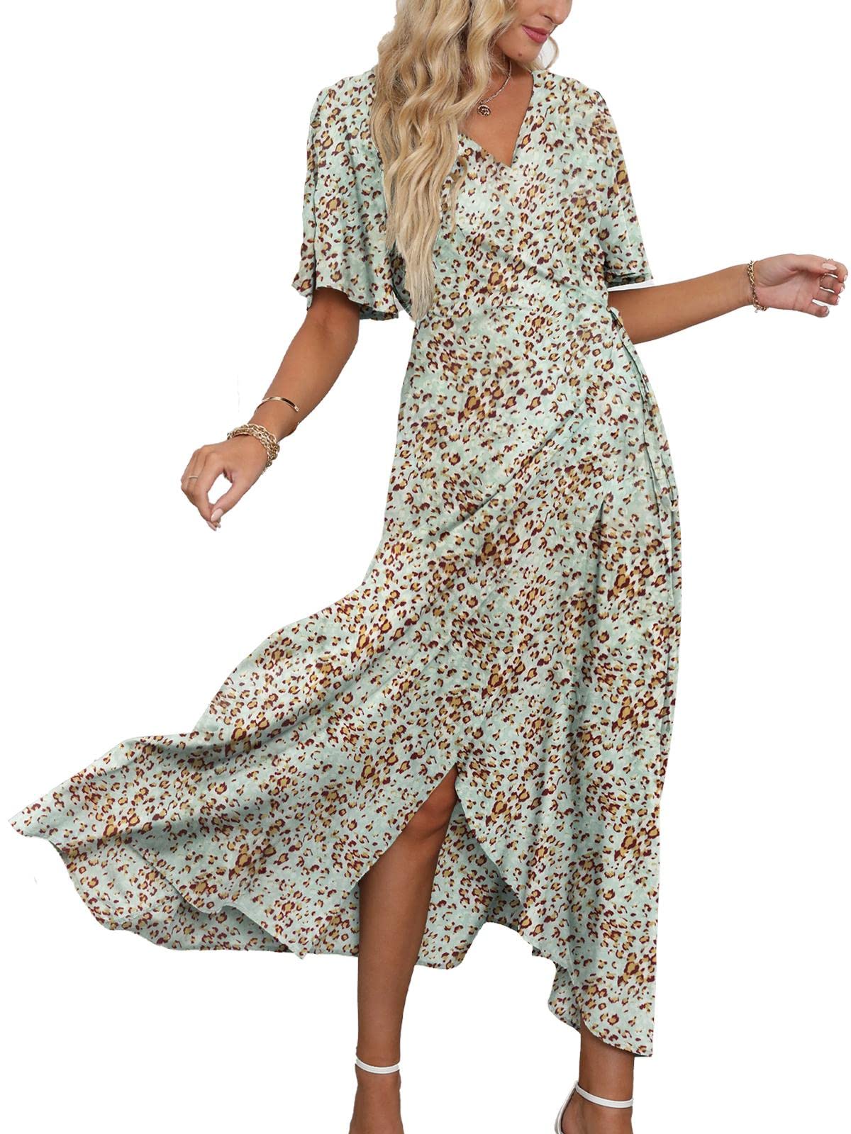 DEEP SELF Women's Summer V-Neck Short Sleeve Wrap Maxi Dress with Waist Tie - Flowy Casual Long Dress for Beach, Vacation & Date Night