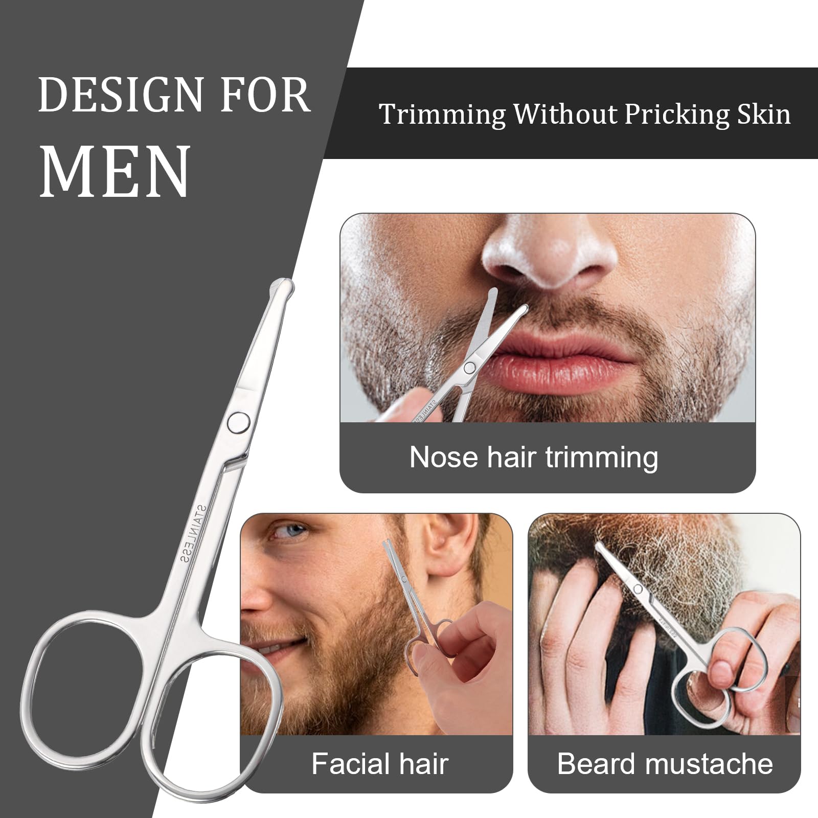 Premium Stainless Steel Nose Hair Scissors - Rounded Tip Safety Grooming Scissors for Men & Women - Trimming Facial Hair, Mustache, Eyebrows - Perfect for Travel & Personal Care (Silver)