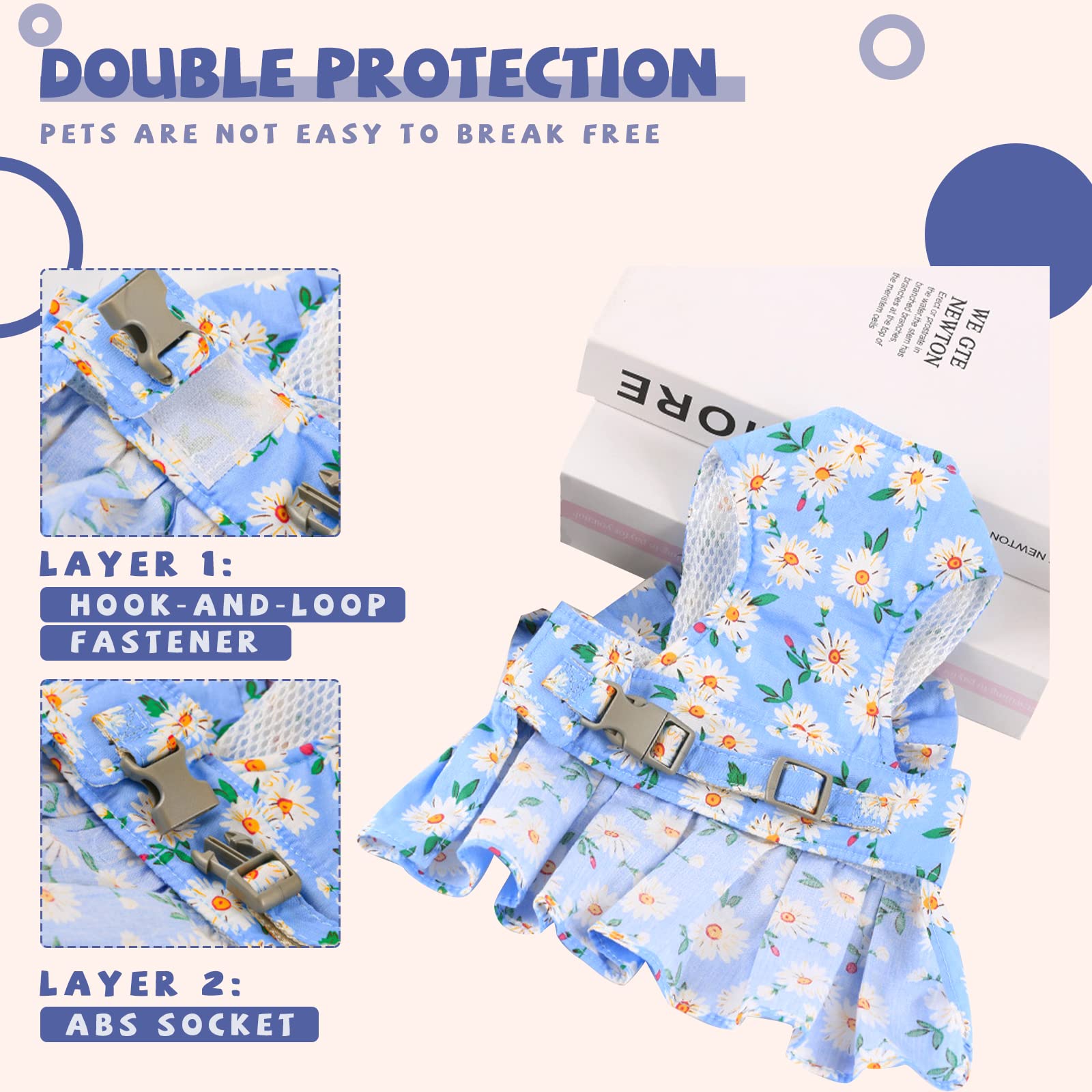 Cute Daisy Floral Dog Dress with Bowknot Harness & Leash Set - Breathable Spring Summer Outfit for Small Dogs & Cats (Blue, Medium) | Perfect for Puppy Princess Costumes, Pet Fashion & Outdoor Adventures