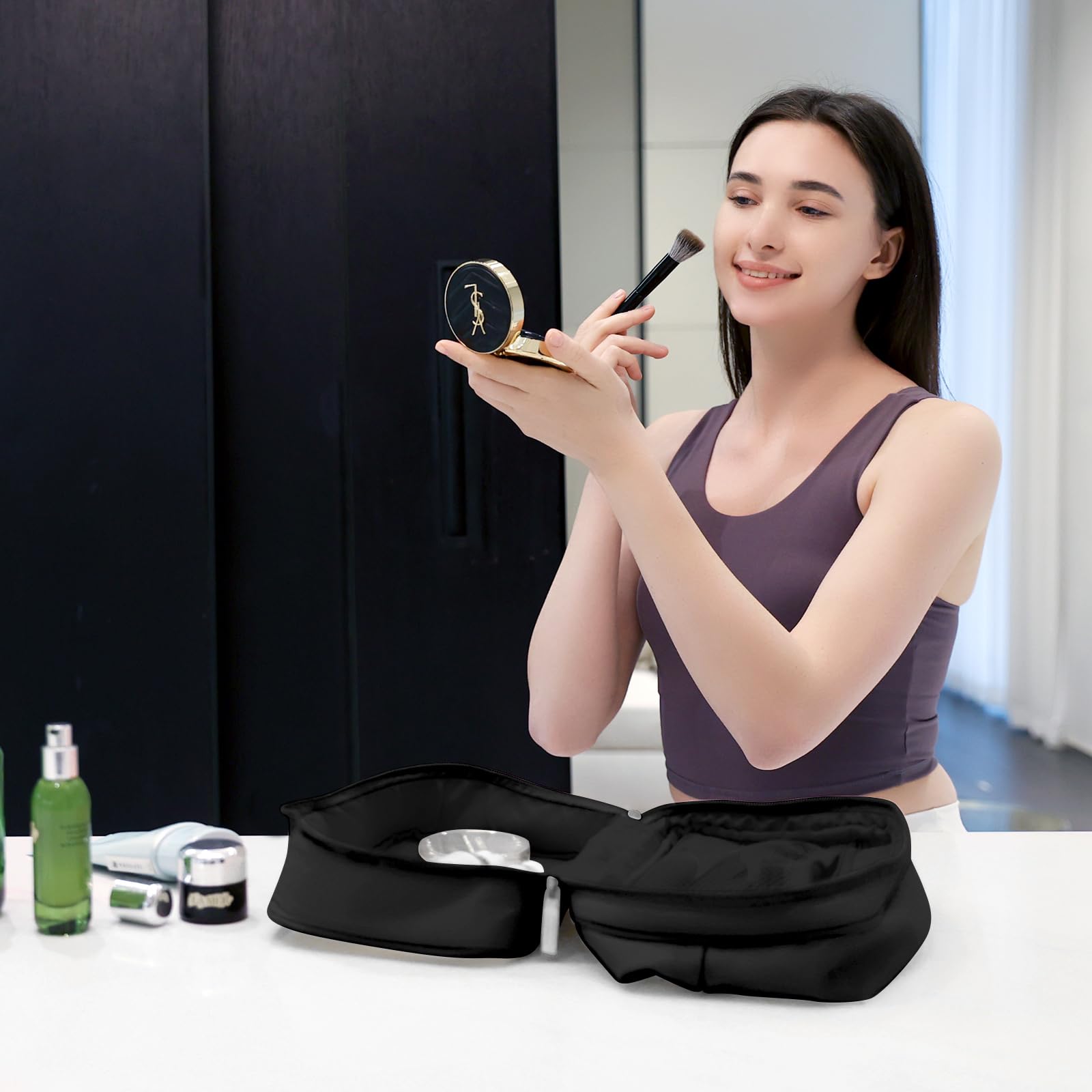Portable Travel Cosmetic Bag for Women - Waterproof Makeup Organizer with Wide Opening, Toiletry Pouch for Cosmetics & Skincare Essentials (Black) | Perfect for Air Travel, Gym, Beach & Daily Use