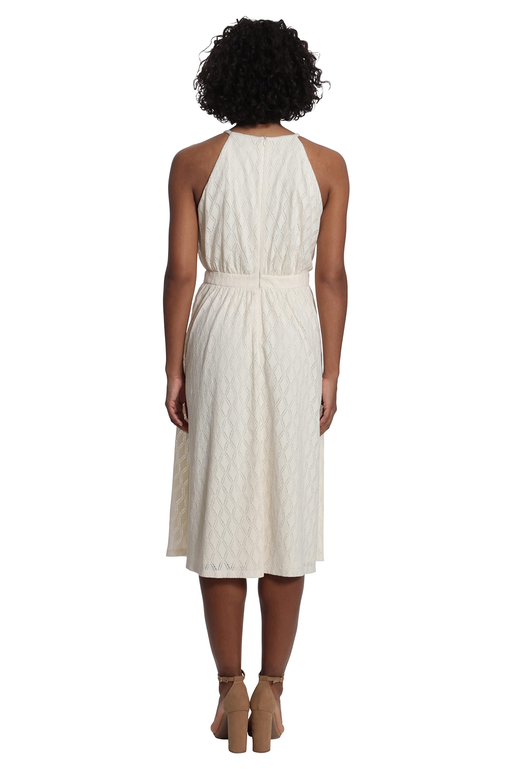 London Times Women's Knee-Length Halter Dress with Lace for Party & Wedding