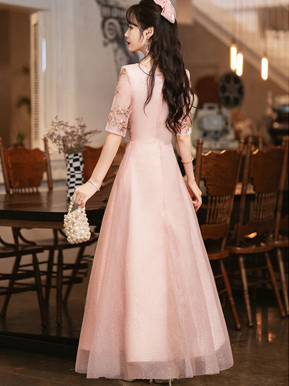 Elegant Pink Shimmery A-Line Tulle Evening Gown for Women | Formal Party Dress for Prom, Wedding, Cocktail Events | Plus Size Options Available
