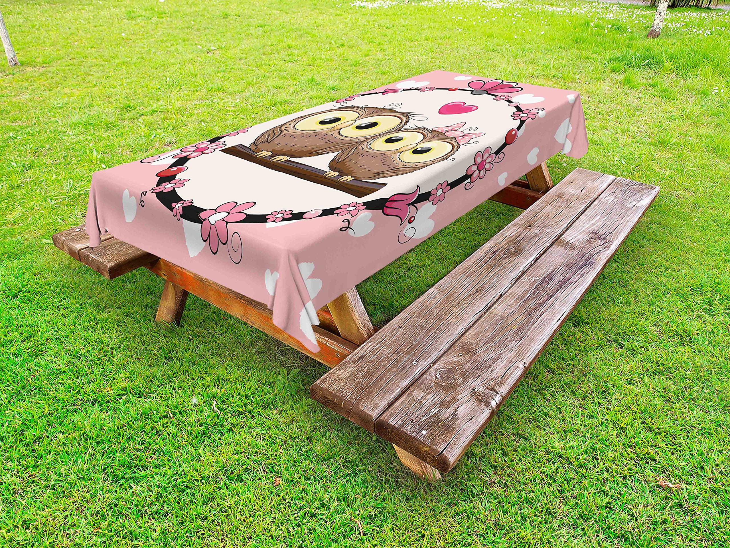 Ambesonne Owls Outdoor Tablecloth - Owl Couple on Tree Branch Floral Wreath Design, Washable Picnic Table Cover 58x120 Inches, Coral Brown & Pale Yellow for Garden Parties, BBQs, and Outdoor Celebrations