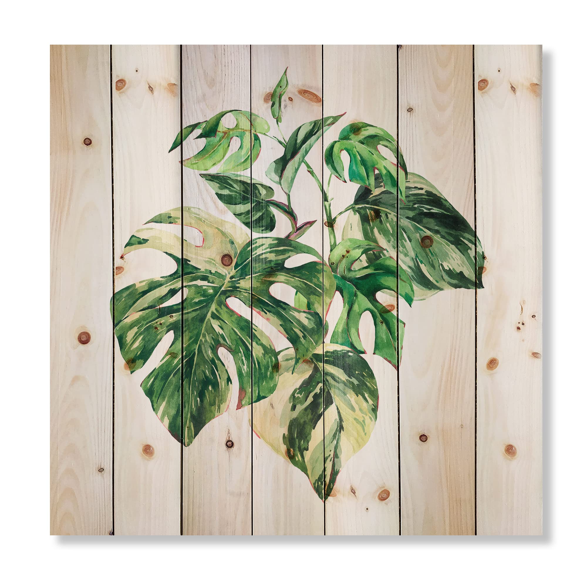 DesignQ Tropical Green Leaves Summer Wood Wall Decor - Large Floral Pine Wood Art Panel for Living Room, Bedroom & Office Decoration