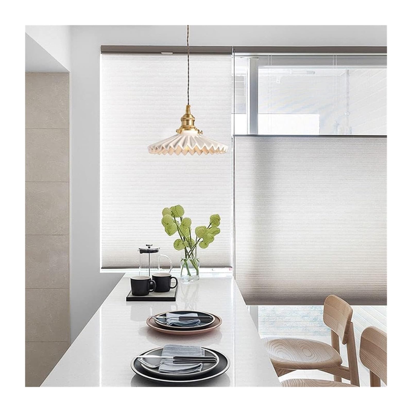Vintage Gold Farmhouse Pendant Light - Adjustable Glass Single Hanging Chandelier with Pleated Ceramic Shade for Bedroom, Kitchen, Dining Room & Living Room Lighting (White)