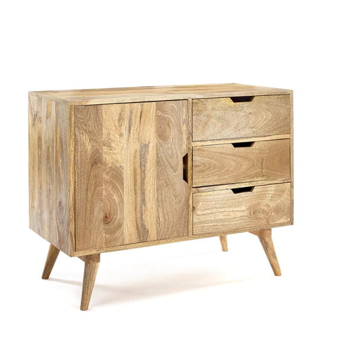 Gfine Solid Mango Wood Sideboard - Single Door & 3 Drawers Storage Cabinet 31.9x15.7x28 Inches - Perfect for Living Room, Dining Room, or Entryway Organization