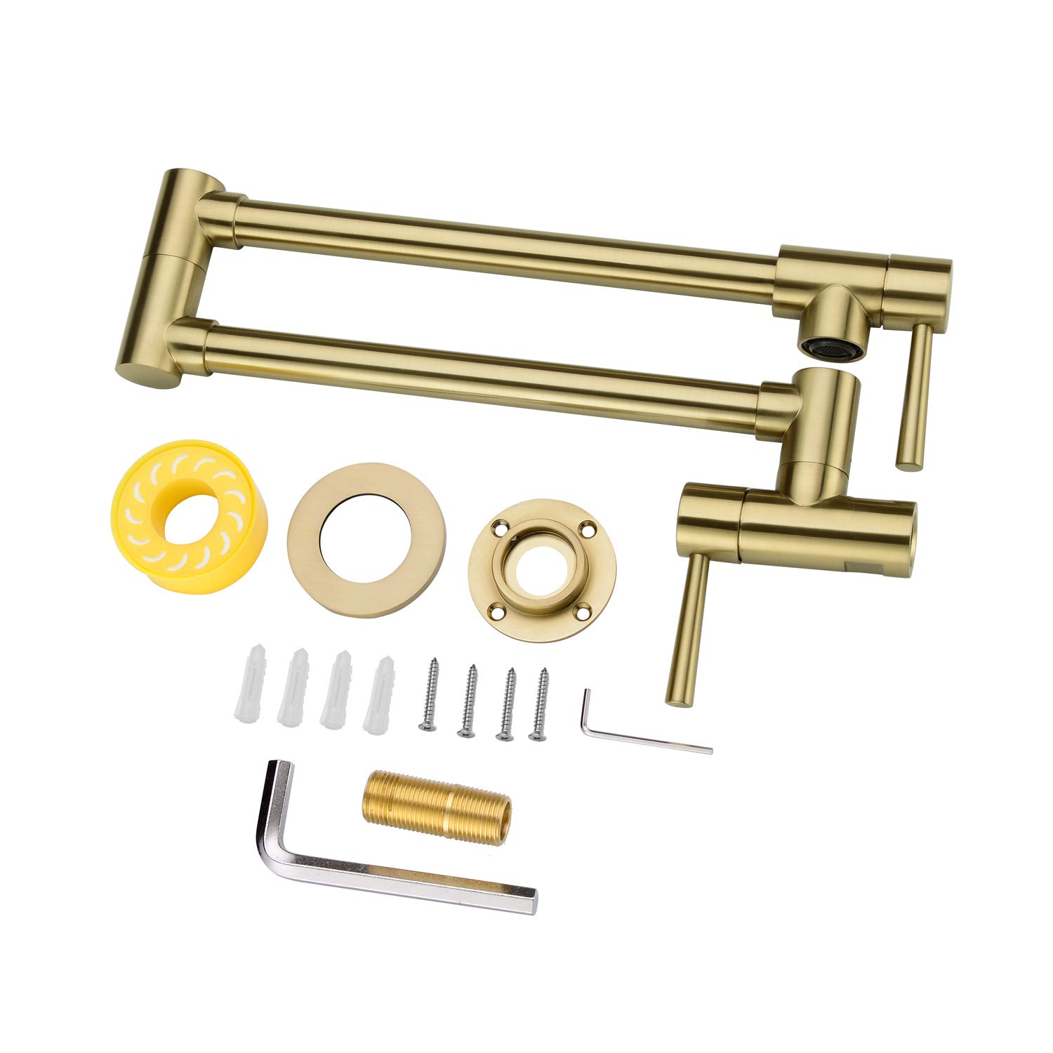 Wall Mounted Brass Pot Filler Kitchen Faucet with Double Joint Swing Arms - Foldable & Stretchable Single Hole Two Handle Design in Gold Brushed Finish | Perfect for Home Kitchen, Restaurant, and Commercial Use