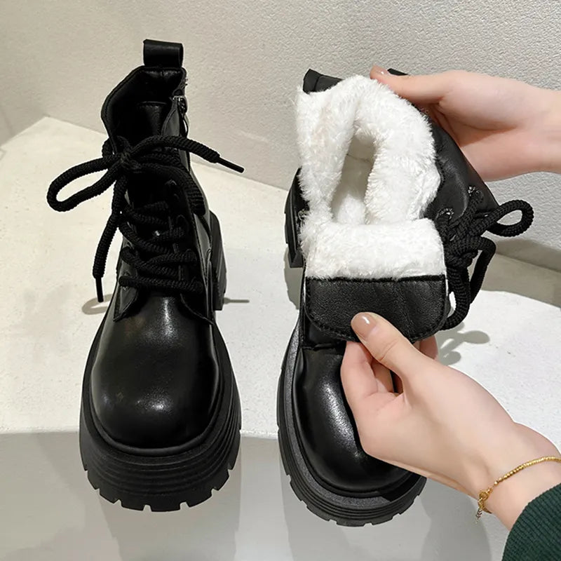 Women's Plush Warm Ankle Boots - Punk Chunky Platform Shoes with Non-Slip Thick Sole | Winter & Autumn Fashion Footwear for Motorcycle Riding & Casual Outfits