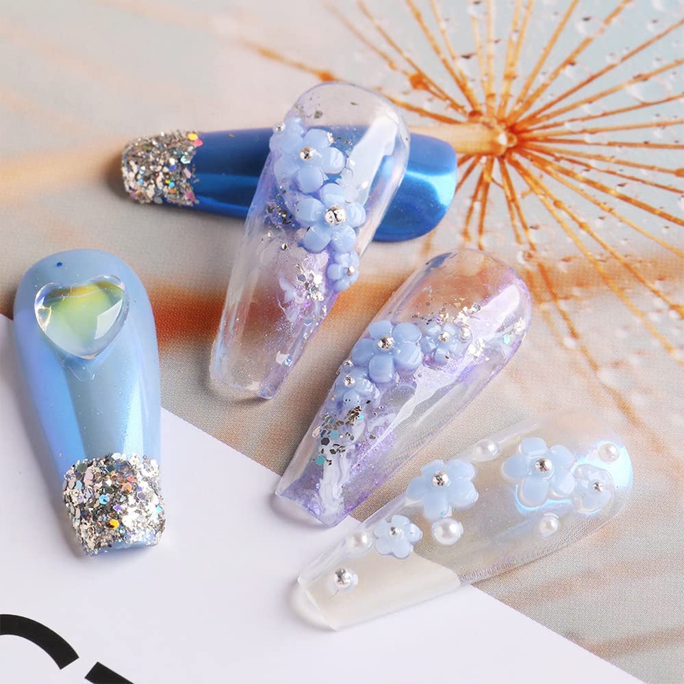 3D Flower Nail Charms & Metal Caviar Beads Set - Acrylic Resin Flowers with Gold Silver Nail Ball Beads for DIY Nail Art Designs | Perfect for Nail Salon, Home Manicure, Party & Wedding Nail Decorations