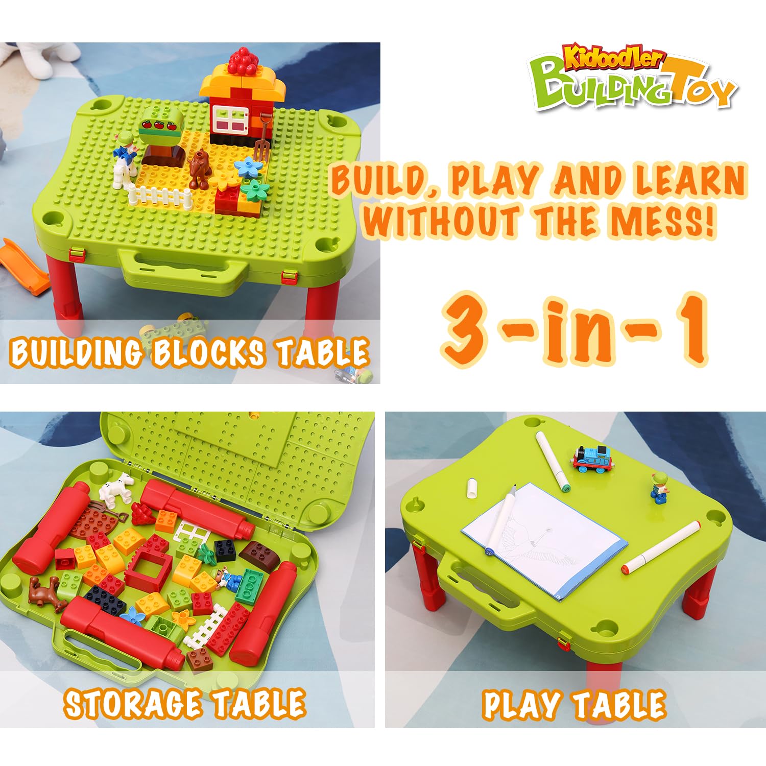 3 in 1 Kids Activity Table with 42 Building Blocks - Foldable Play Desk & Toy Storage for Toddlers | Compatible with Mega Blocks & Lego Duplo | Perfect for Preschool Learning, Creative Play & Home Organization
