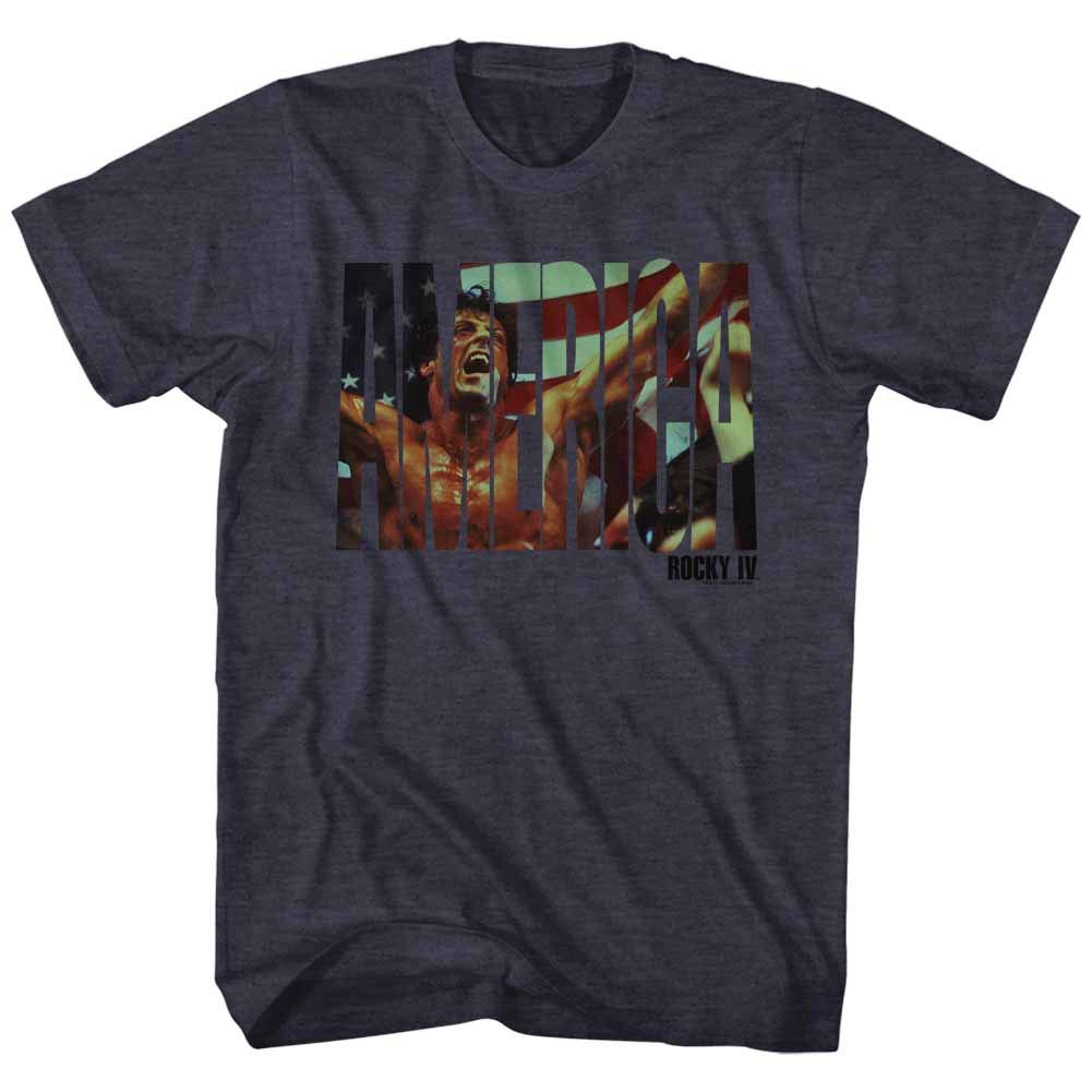 Rocky T-Shirt with 'America' Text Print - Navy Heather Cotton Tee for Men | Casual Wear, Street Style & Patriotic Outfits