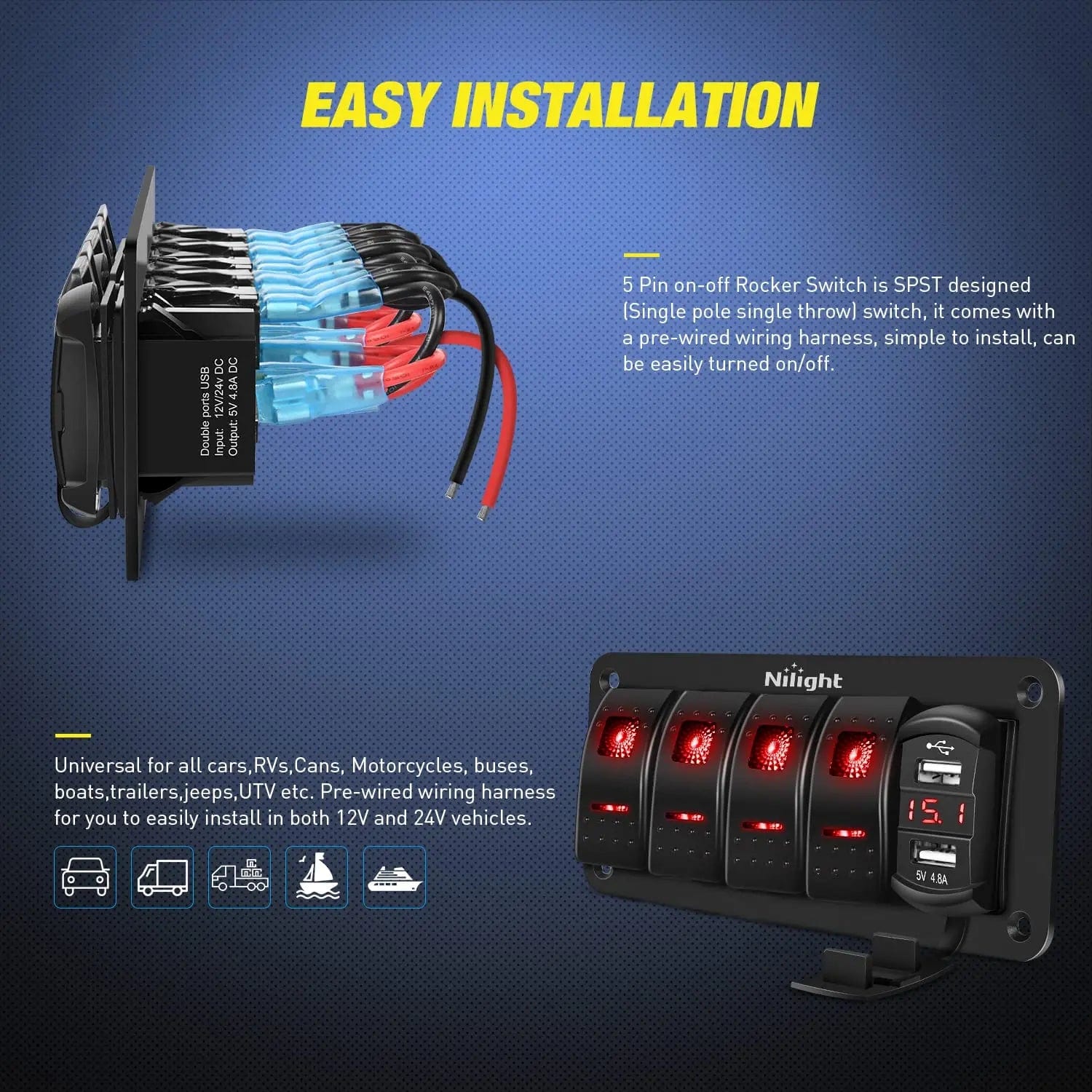 4 Gang Aluminum 5 Pin ON/Off Red Rocker Switch Panel with 4.8 Amp Dual USB Charger & Voltmeter - Perfect for Marine, RV, Truck, and Boat Electrical Systems