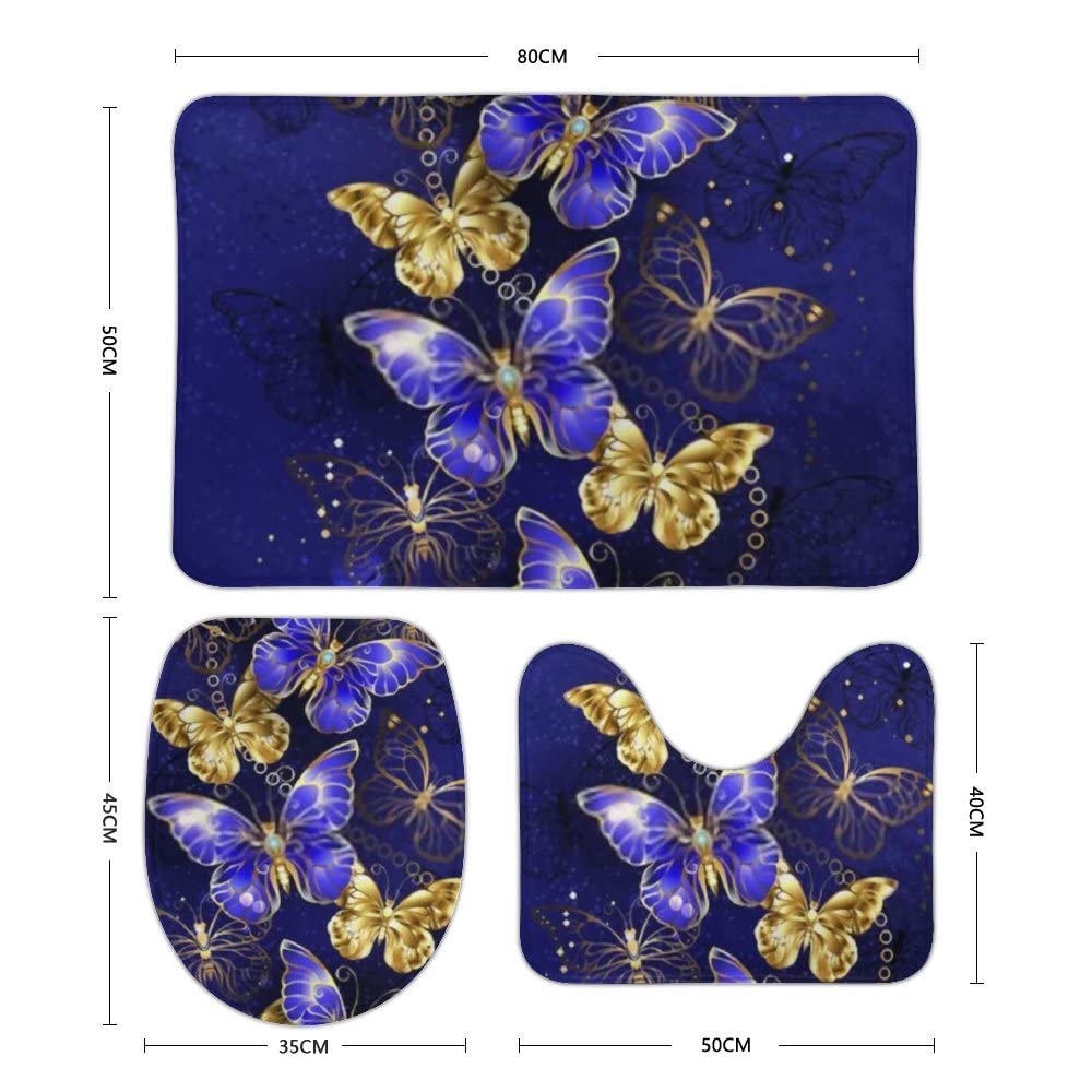 Luxurious Sapphire Gold Butterfly Bath Rug Set - 3 Piece Anti-Slip Absorbent Bathroom Mat with Toilet Lid Cover & U-Shaped Contour Rug - Machine Washable for Bathroom Decor & Safety