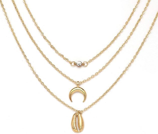 18K Gold Plated Layered Necklace Set with Shell Moon Pendant & Crystal Choker - Elegant Layering Chain Jewelry for Women | Perfect for Date Night, Beach Vacation & Boho Fashion