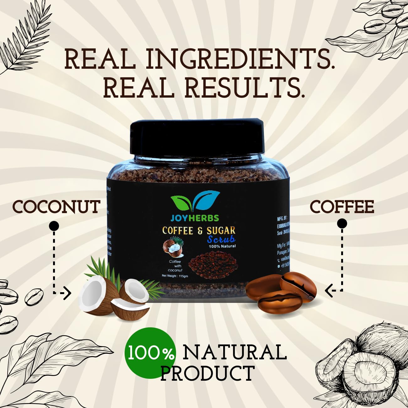 JOYHERBS Coffee Sugar Body Scrub with Coconut Oil, Walnut & Rock Salt - Exfoliating & Detanning Scrub for Soft, Smooth & Glowing Skin - 100% Vegan, Paraben-Free (115g) - Perfect for Spa Day, Self-Care Routine & Gift Giving