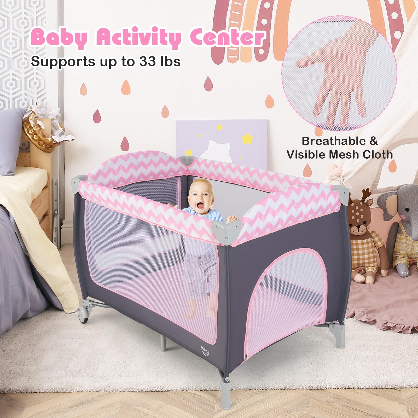 BABY JOY 4-in-1 Portable Playard with Bassinet, Changing Table & Toy Bar - Side Zipper Door, Lockable Wheels & Carry Bag - Indoor, Outdoor & Travel Nursery Center for Babies & Toddlers - Perfect for Home, Travel & Playtime
