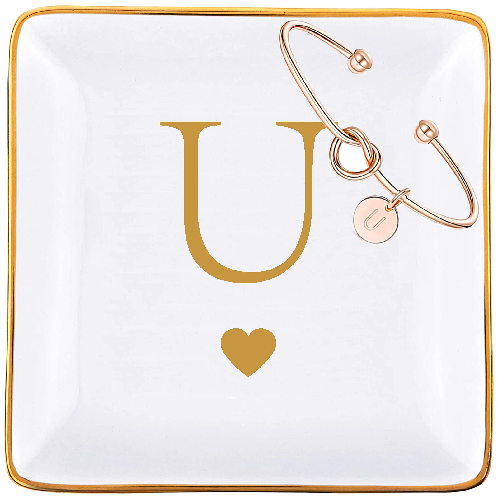 Personalized Ceramic Jewelry Tray & Rose Gold Initial Bracelet Gift Set for Women - Engraved Ring Dish, Key Holder with Monogram (Letter U) - Perfect Birthday, Bridesmaid, Mother's Day Gift for Her, Mom, Grandma, Daughter, Sister & Friends - Elegant Home Decor & Jewelry Organization