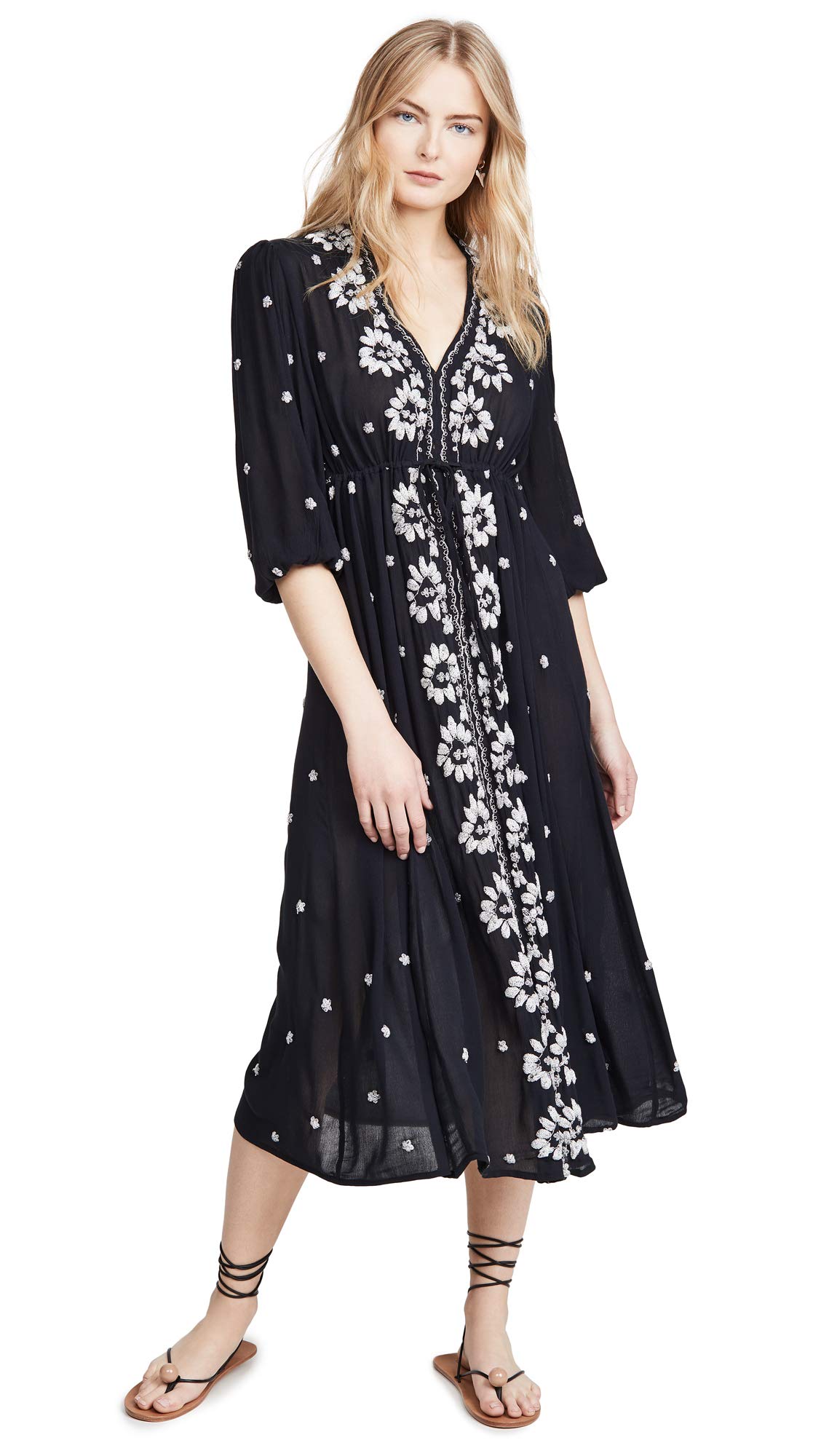 Free People Women's Embroidered V-Neck Maxi Dress - Boho Floral Summer Beach Dress for Vacations, Weddings & Outdoor Parties