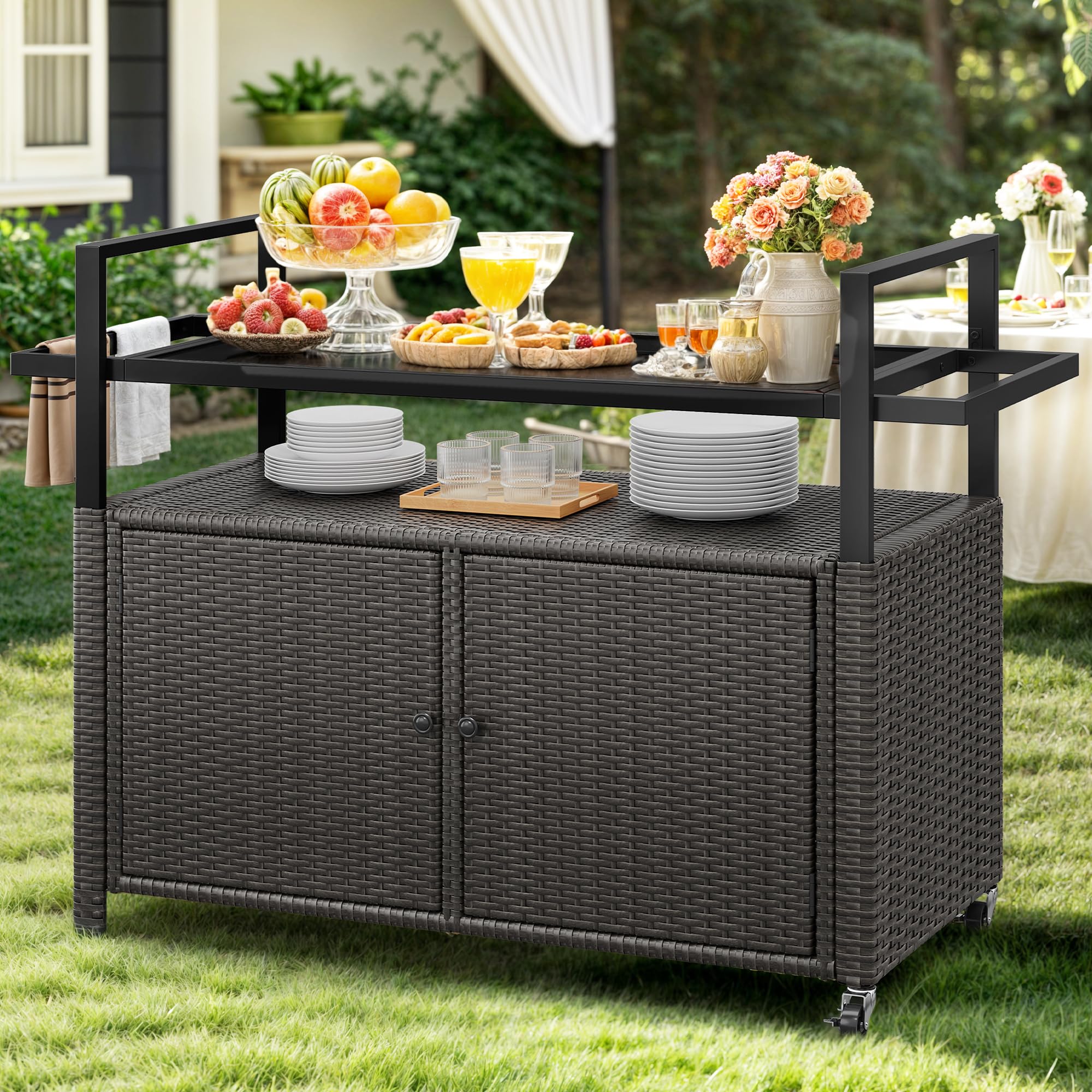 YITAHOME XL Outdoor Storage Cabinet with Wheels & Black Glass Top - Waterproof Patio Furniture for Poolside, Backyard, Garden - Dark Brown Storage Cart for Organizing Cushions, Towels & Outdoor Accessories