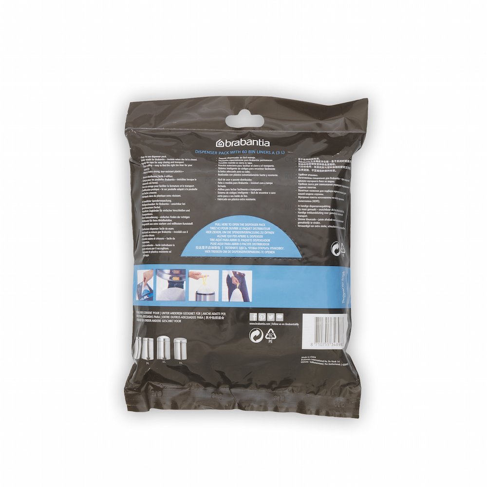 Brabantia Bin Liners - Size A, 3 Liter Capacity, 60 Count Trash Bags - Perfect for Kitchen, Bathroom & Office Waste Bins