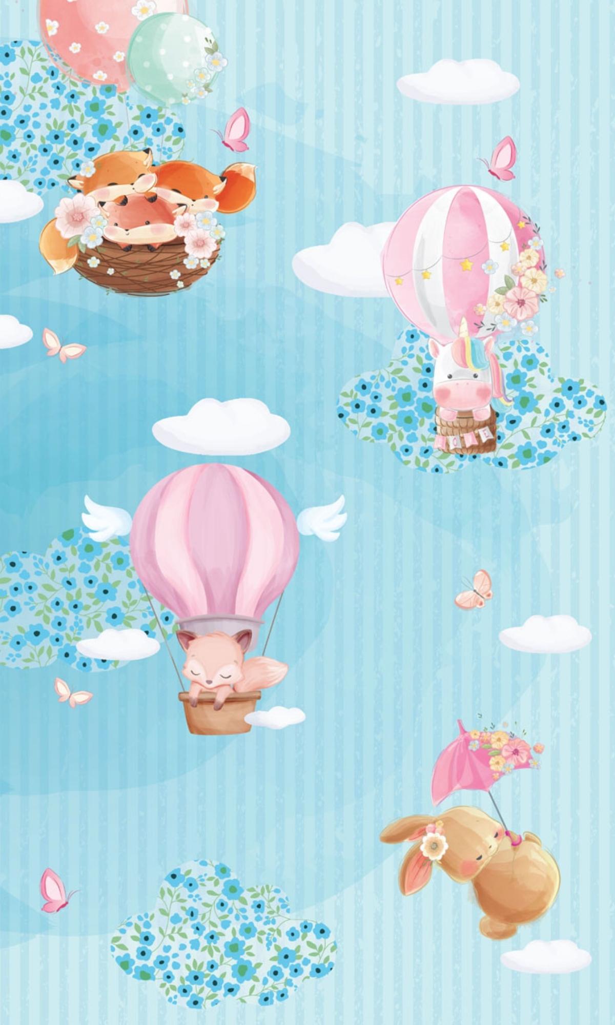 Vibrant Cute Animals with Balloons Peel and Stick Wallpaper M1144 - Perfect for Kids' Room, Nursery, or Playroom Decor