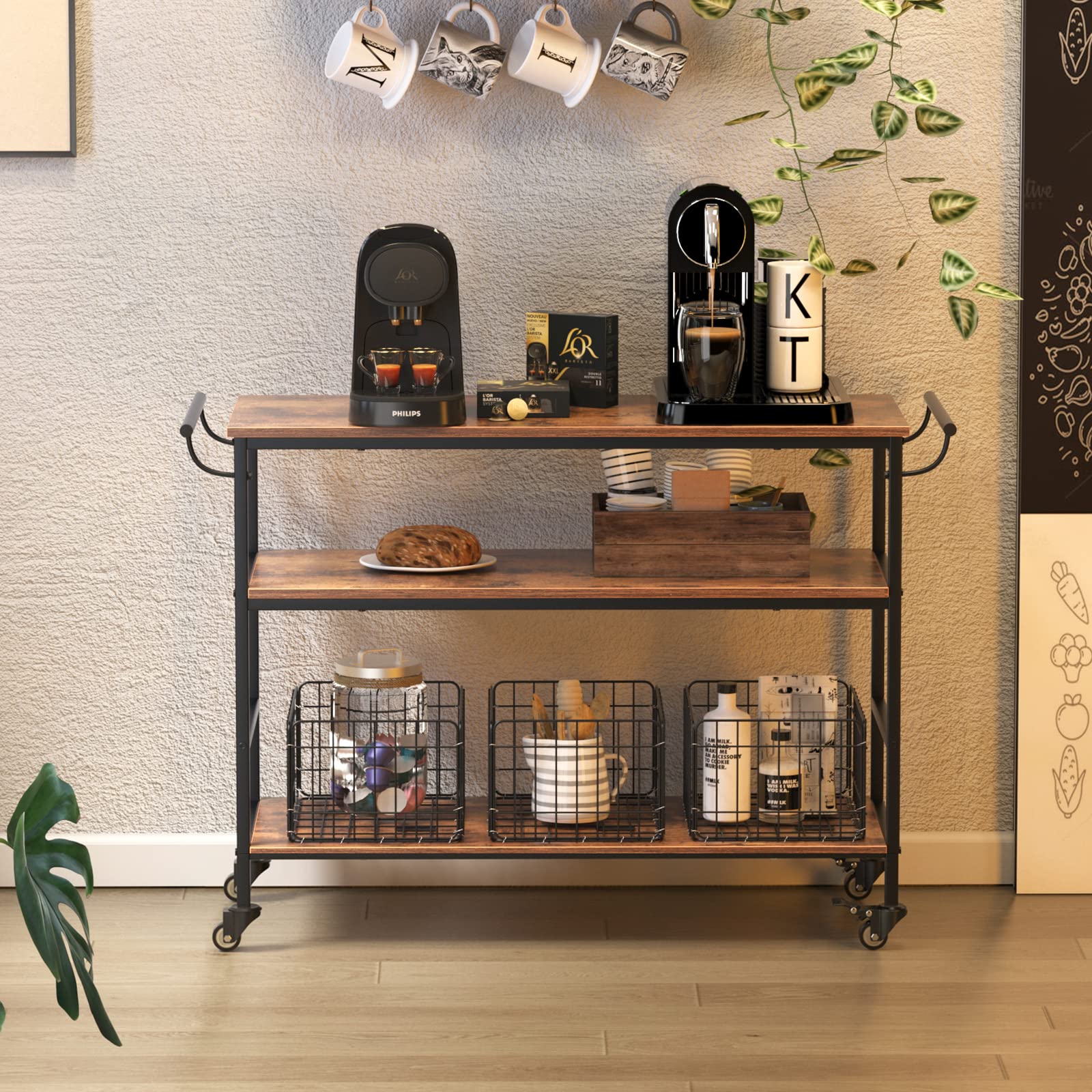 Soges 3-Tier Rolling Kitchen Island Cart with Wheels - 45.3 Inch Mobile Bar Cart with 3 Removable Baskets, Brake Casters & Towel Rack - Perfect for Kitchen Storage, Serving, and Entertaining