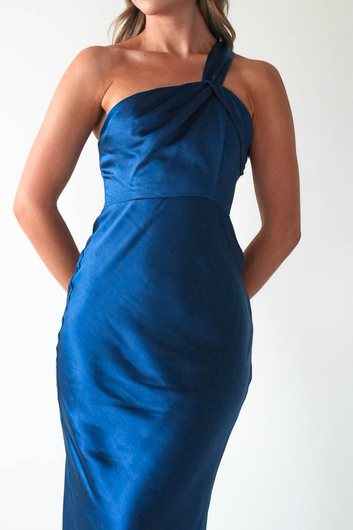 Ashlee Soft Satin One Shoulder Maxi Dress for Women - Elegant Navy Blue Formal Gown for Evening Parties, Weddings & Special Occasions