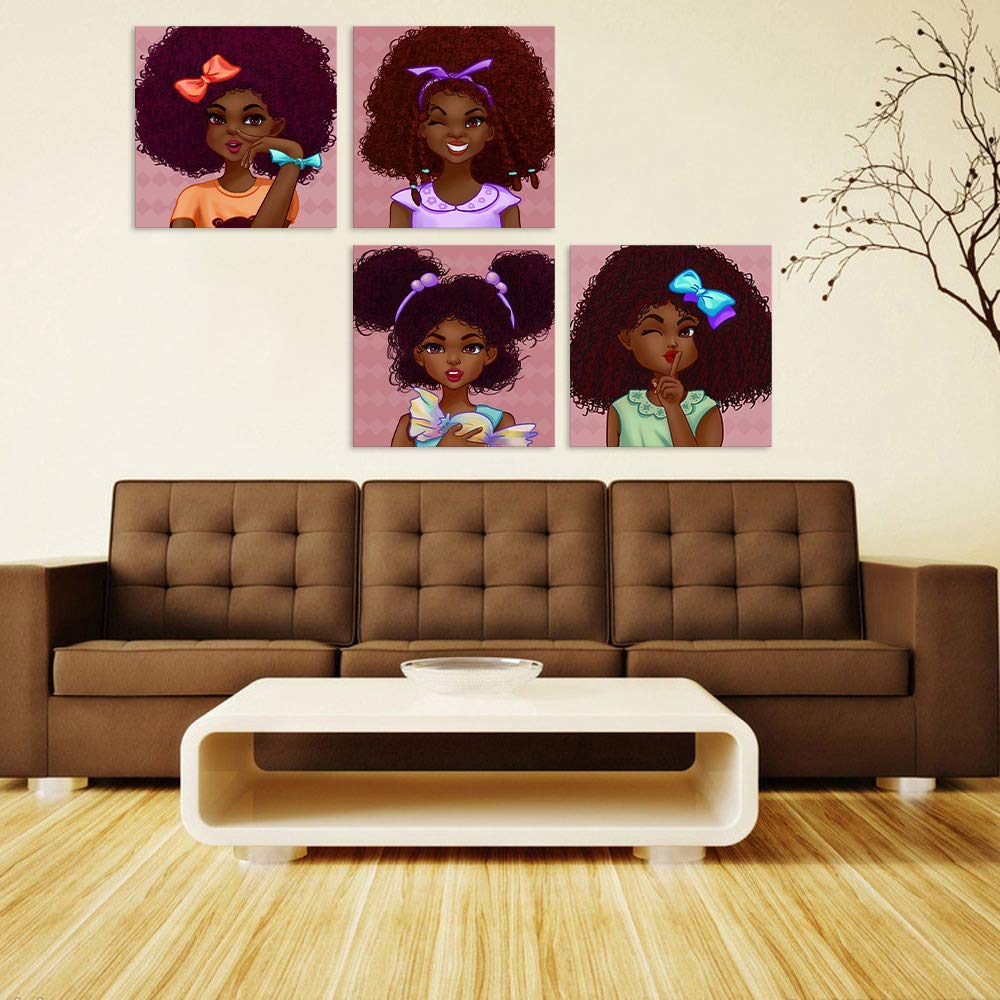 AMEMNY 4 Panels African American Girl Abstract Wall Art - Modern Graffiti Style Canvas Painting for Living Room, Bedroom & Bathroom - Stretched & Framed Ready to Hang - Perfect for Home Decor, Office or Gift (09)