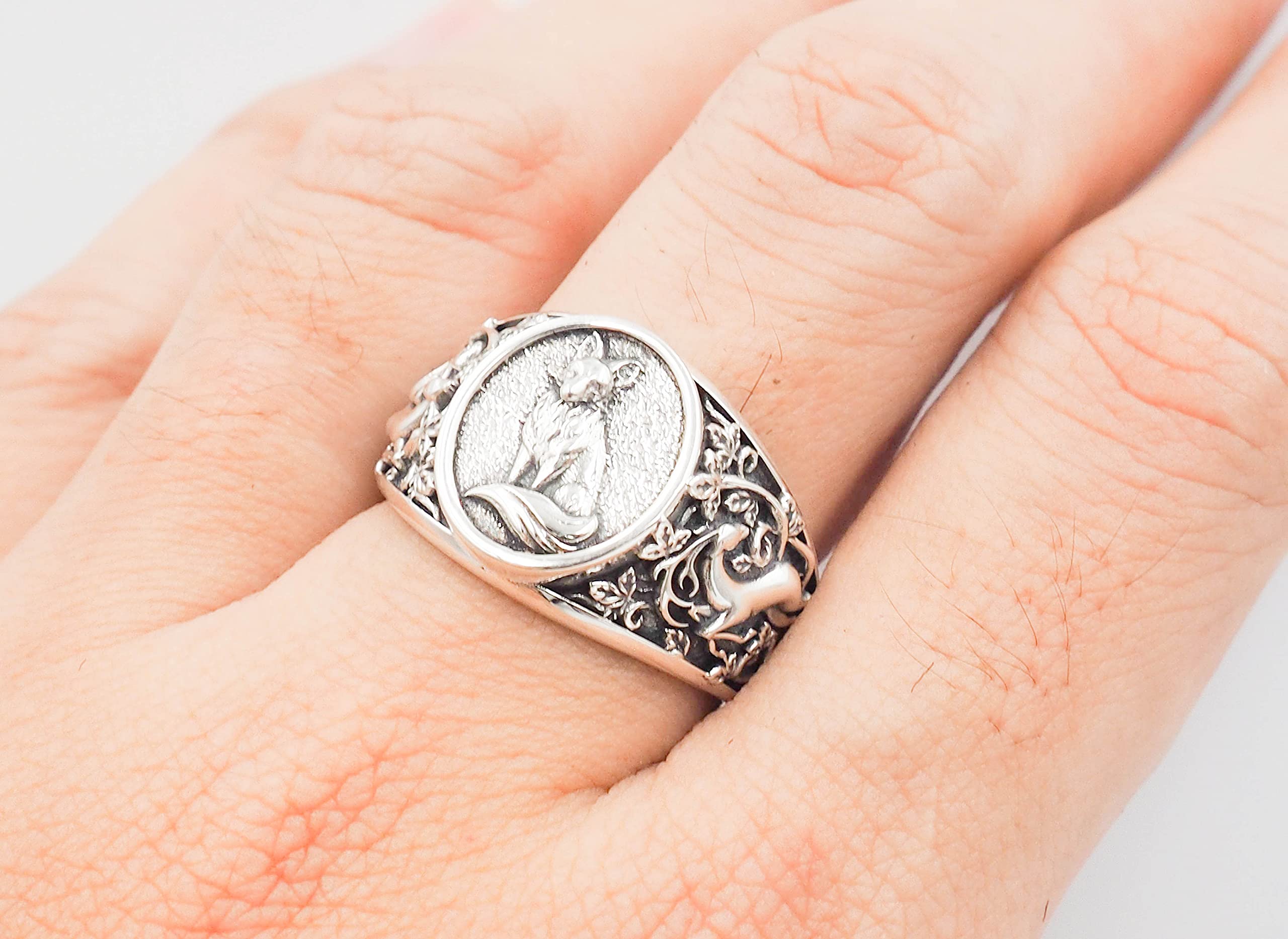 Men's Silver Fox Ring - 925 Sterling Silver Animal Jewelry (Size 6-15) - Perfect for Gifts, Parties & Nature Lovers