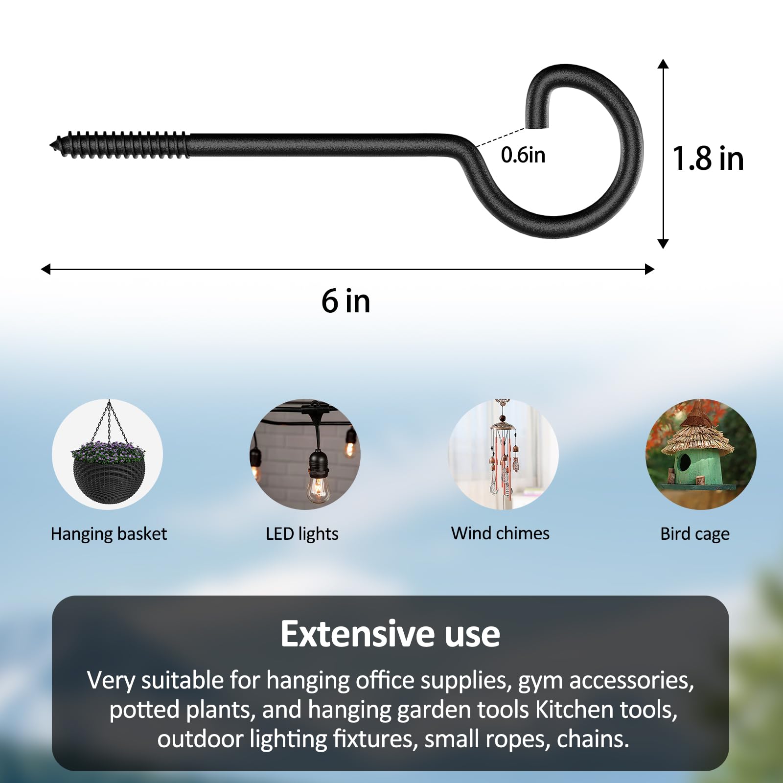 10Pcs 6-Inch Heavy Duty Screw Hooks for Hanging - Durable Ceiling Hooks for Christmas Lights, Curtains, Kitchen, Plants (Indoor/Outdoor Use) - Perfect for Home Decor, Garden & Holiday Lighting