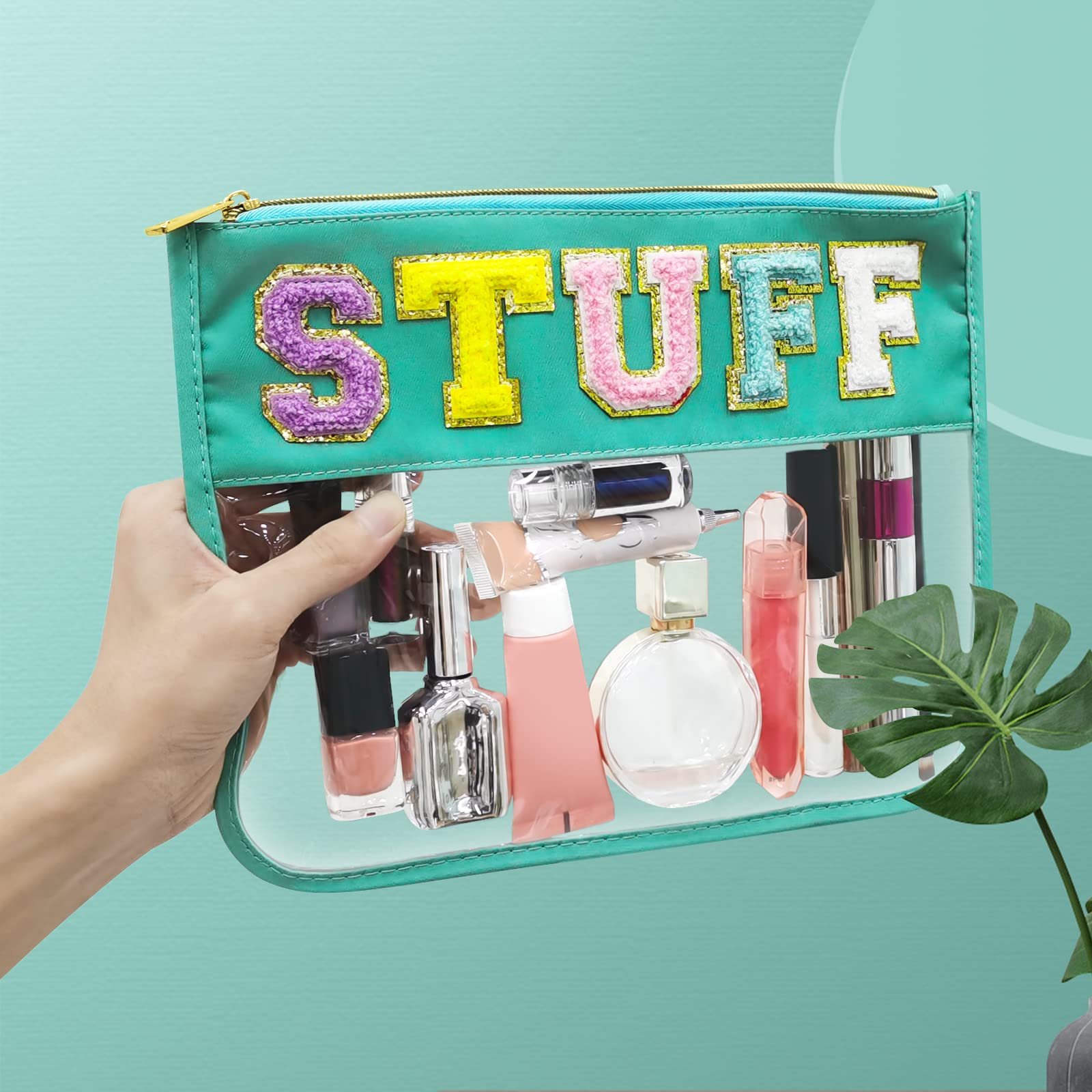 LSxia Chenille Letter Clear Travel Zipper Pouch - Waterproof Nylon Makeup Bag for Women & Girls | Preppy Cosmetic & Toiletry Organizer | Perfect for Travel, Gym, School & Daily Use (Green-Stuff)