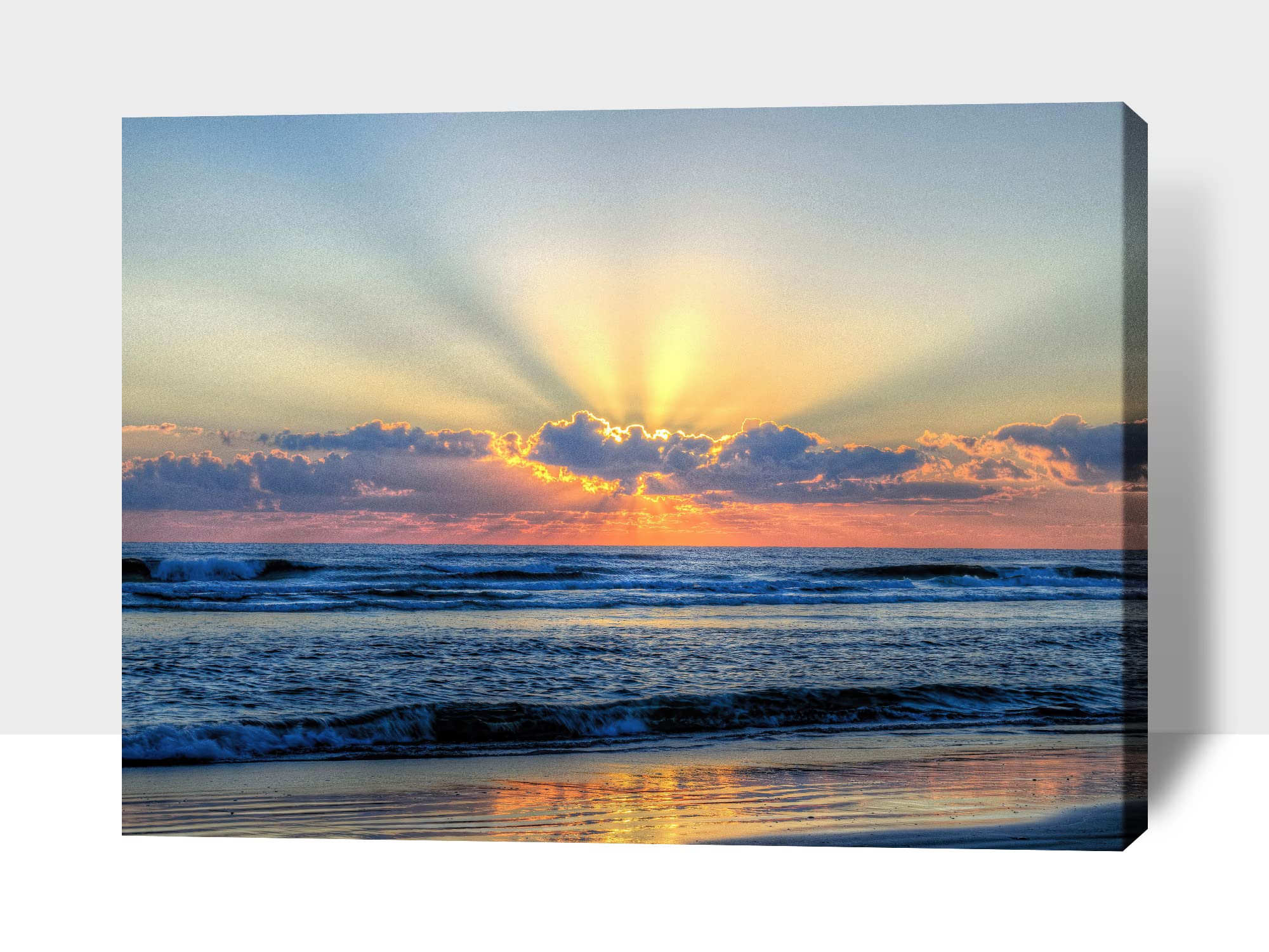 Large Sunrise and Beach Canvas Wall Art - Coastal Ocean Painting for Living Room Decor, Framed Seascape Print (28x40 Inches) - Perfect for Beach House, Bedroom, or Office Wall Decoration
