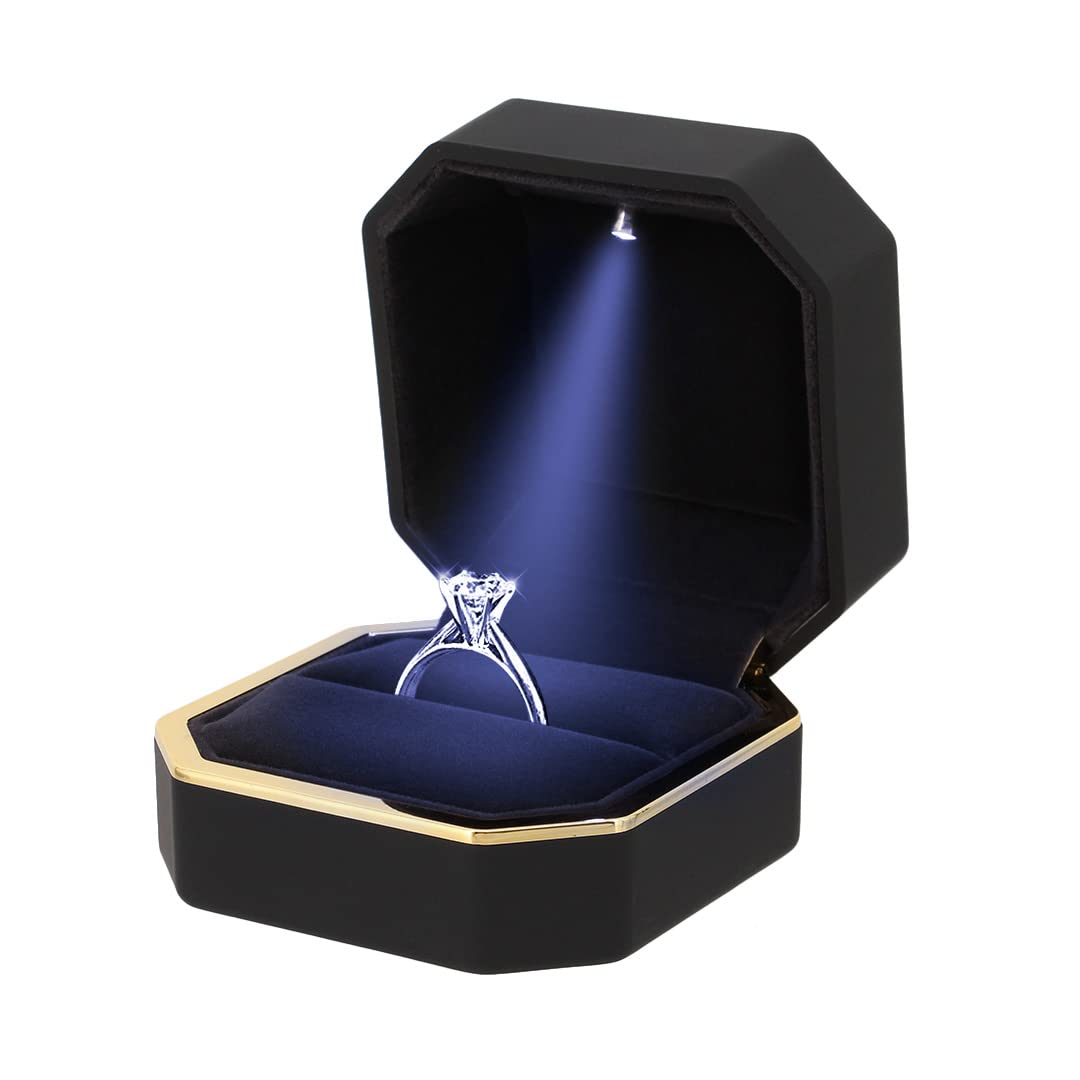 Square Velvet Engagement Ring Box with LED Light - Jewelry Gift Box for Proposals, Wedding, Anniversary (Black) - Perfect for Romantic Surprises & Special Occasions