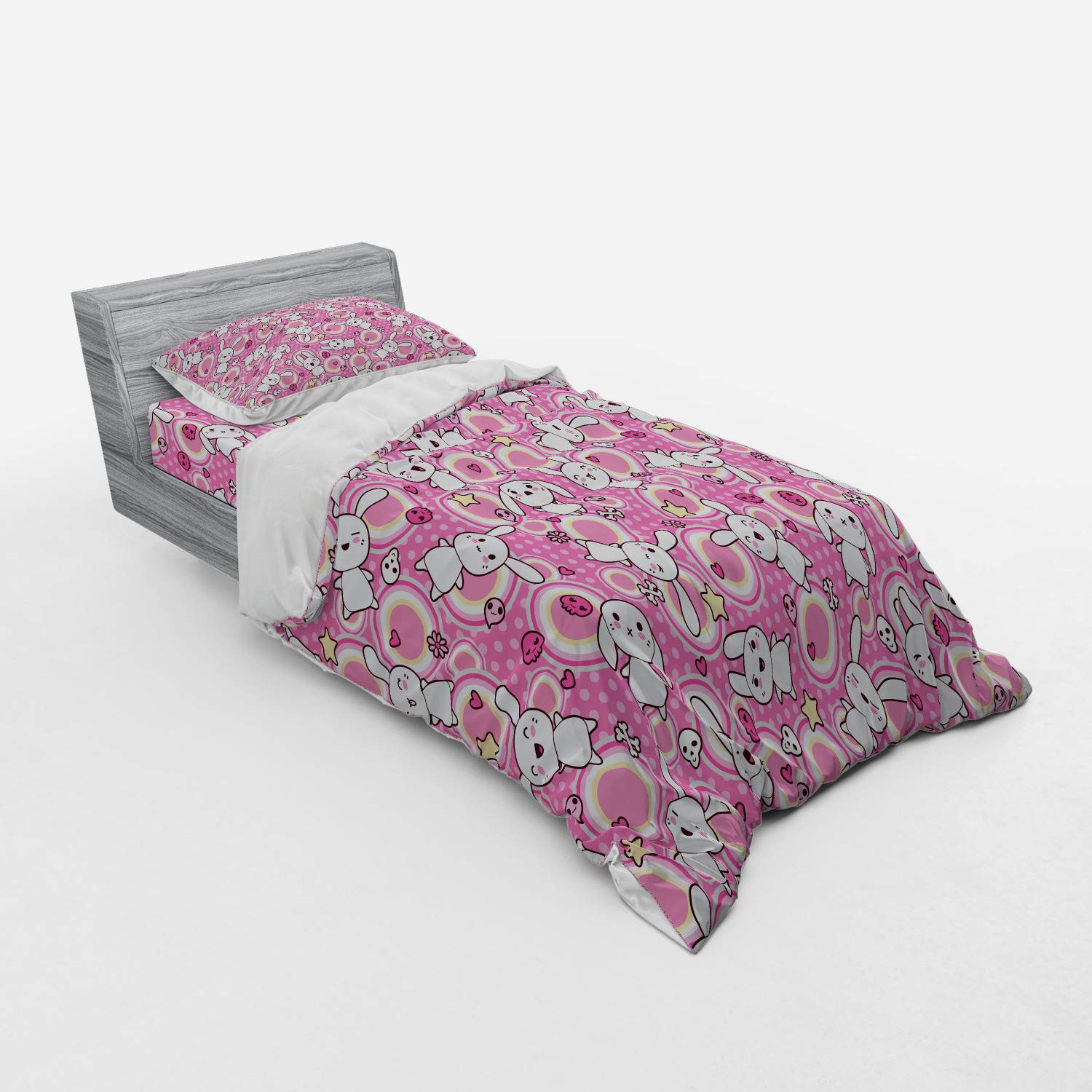 Ambesonne Anime Duvet Cover Set - Kawaii Rabbit Illustration with Funky Animal Print, 3-Piece Twin Size Bedding (Duvet Cover + Pillow Sham + Fitted Sheet) in White & Pink - Perfect for Anime Lovers' Bedroom Decor & Kawaii Themed Rooms